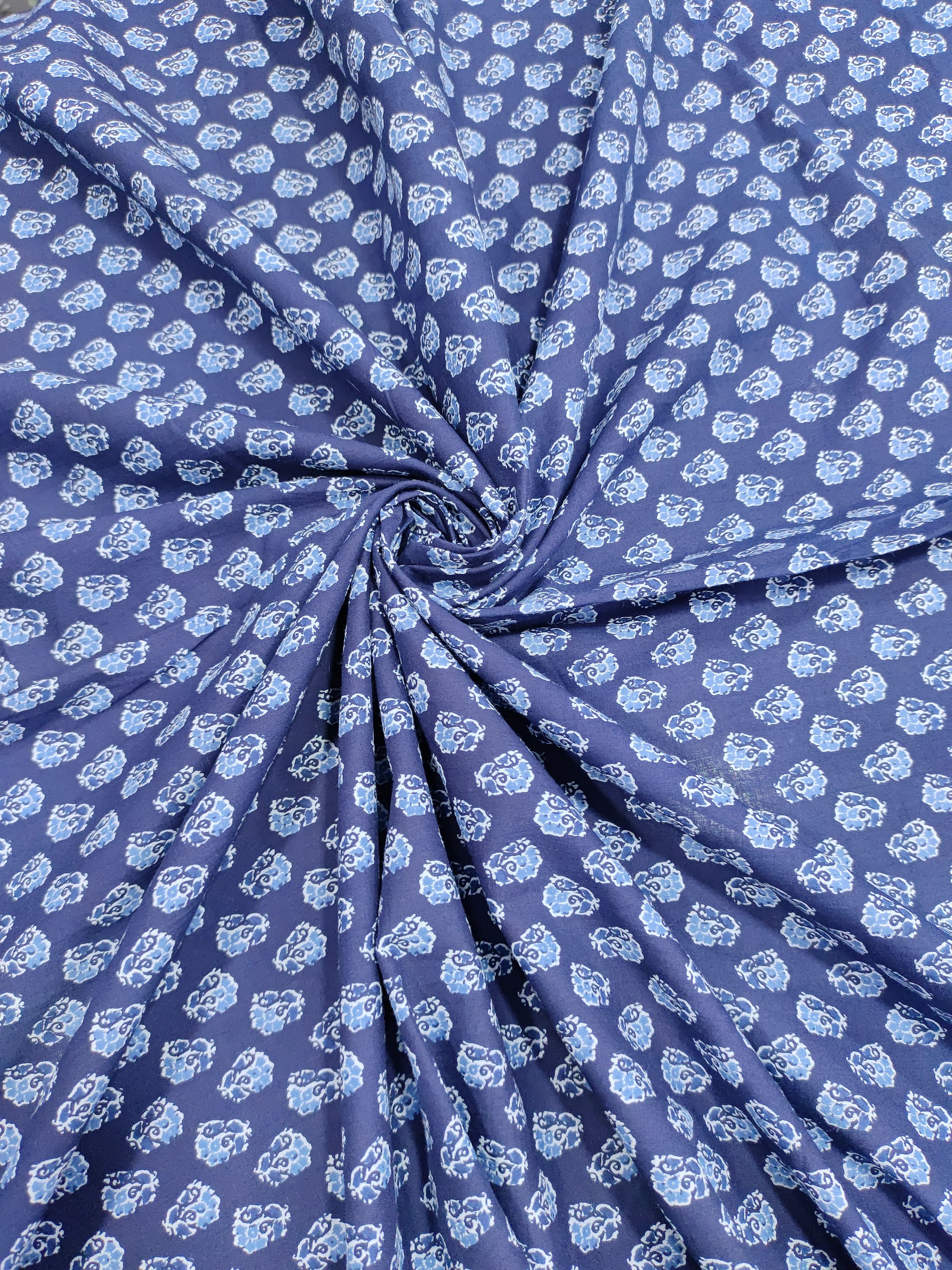 Blue  cotton screen print with small flowers