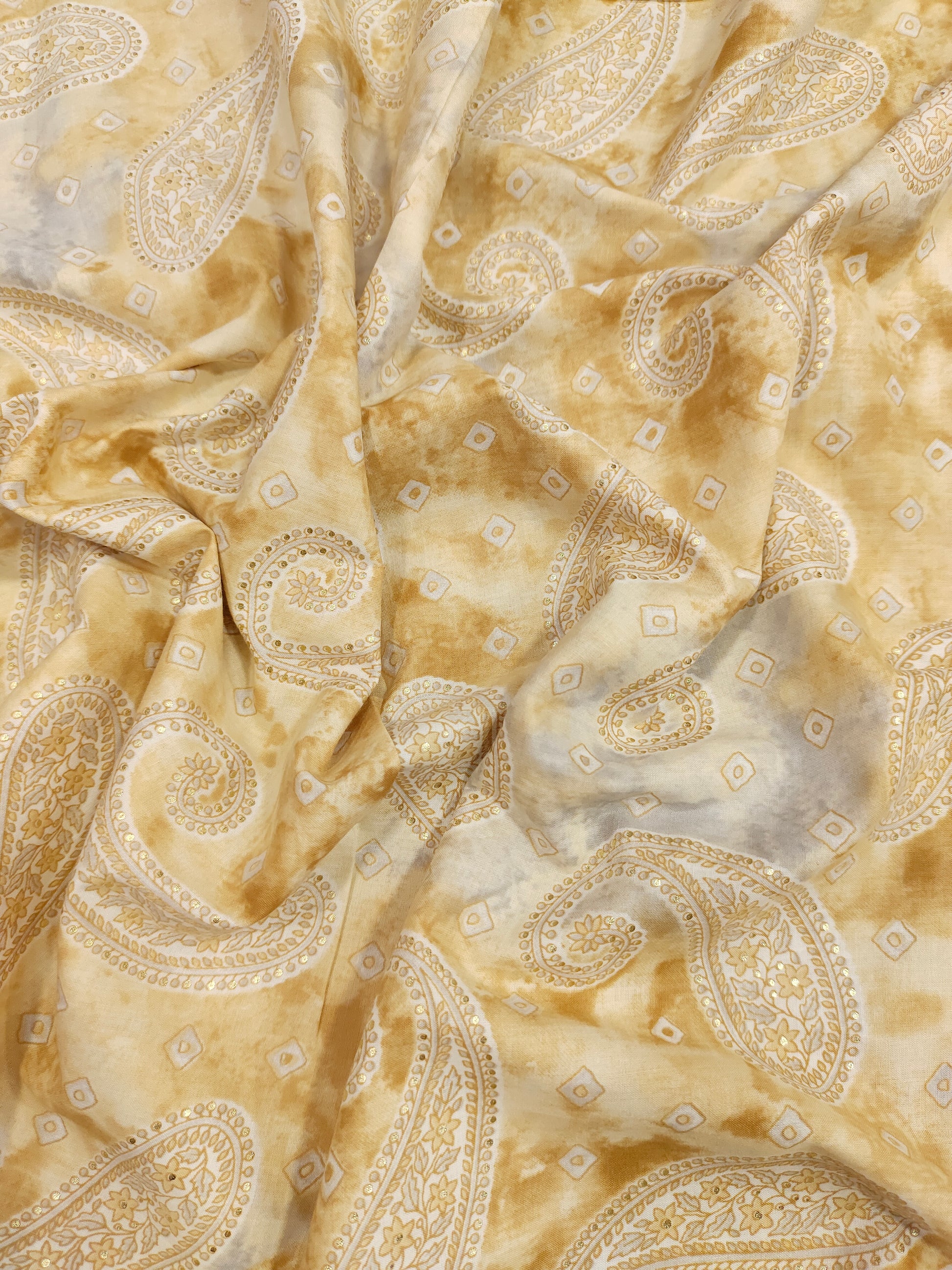 beige mill cotton with digital print and gold foile