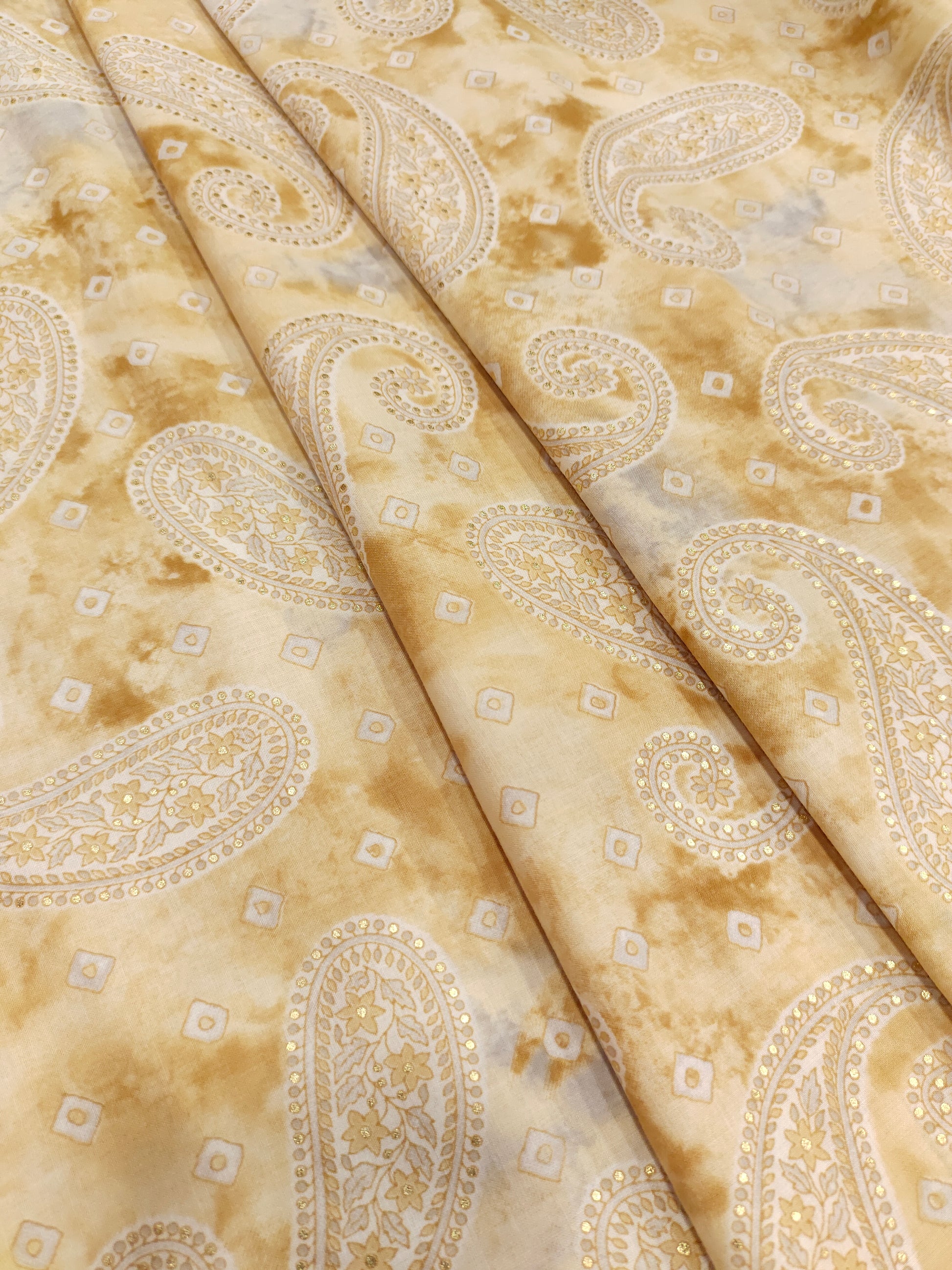 beige mill cotton with digital print and gold foile