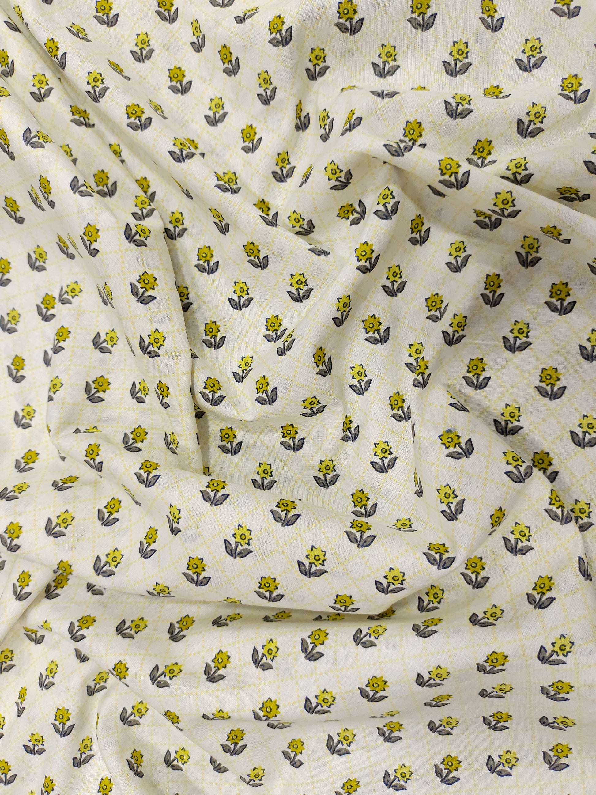 Off white base with small mehandi green & Grey print