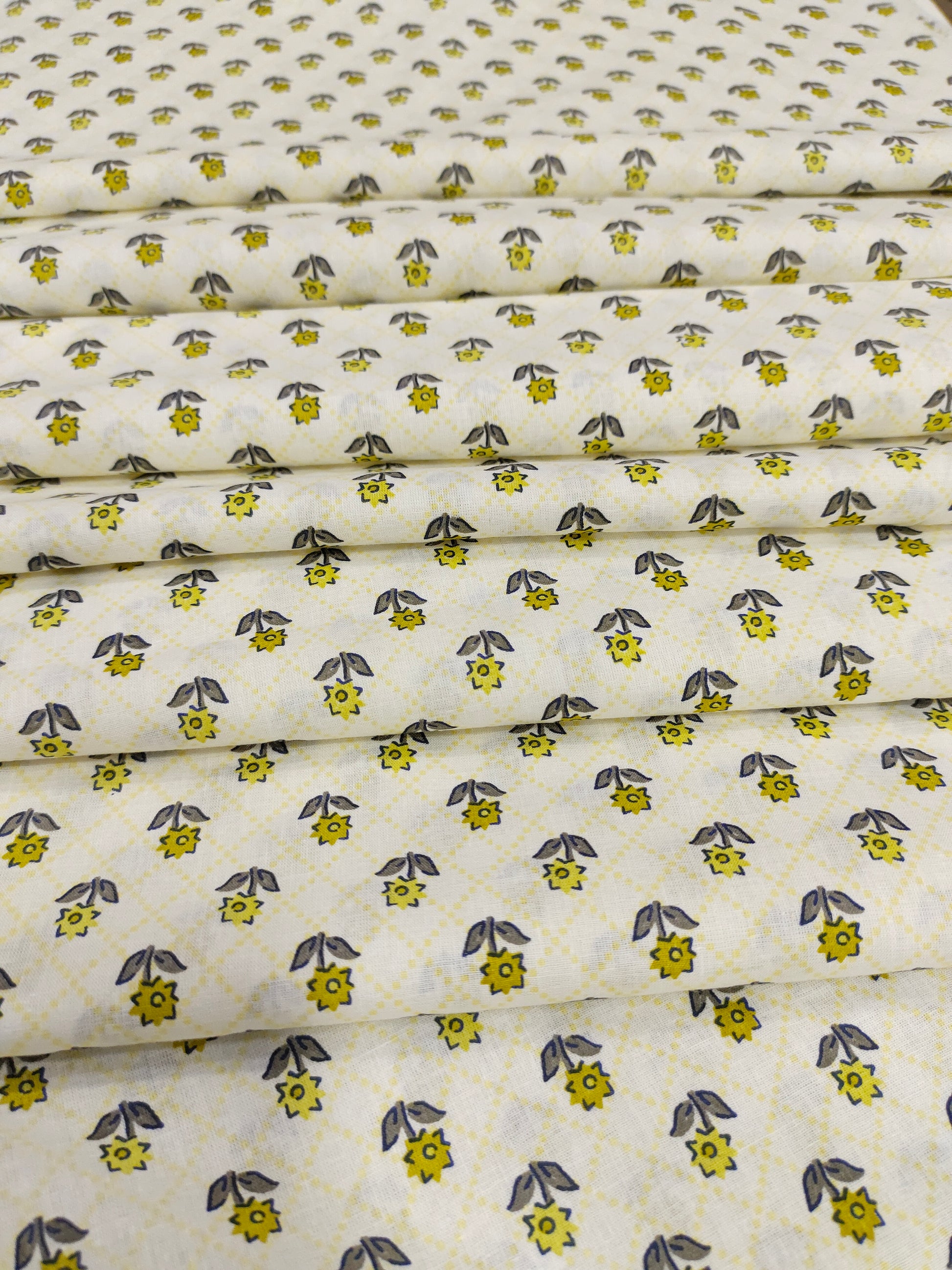 Off white base with small mehandi green & Grey print