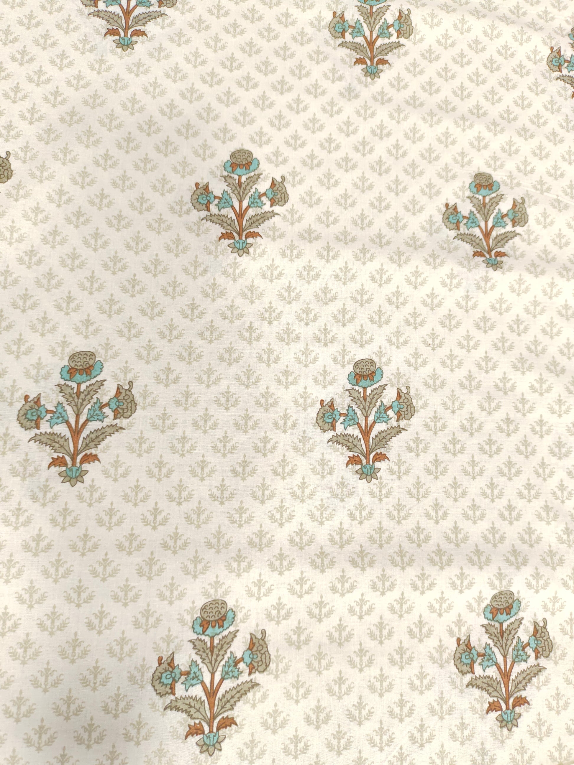 White base with brown, grey & blue print