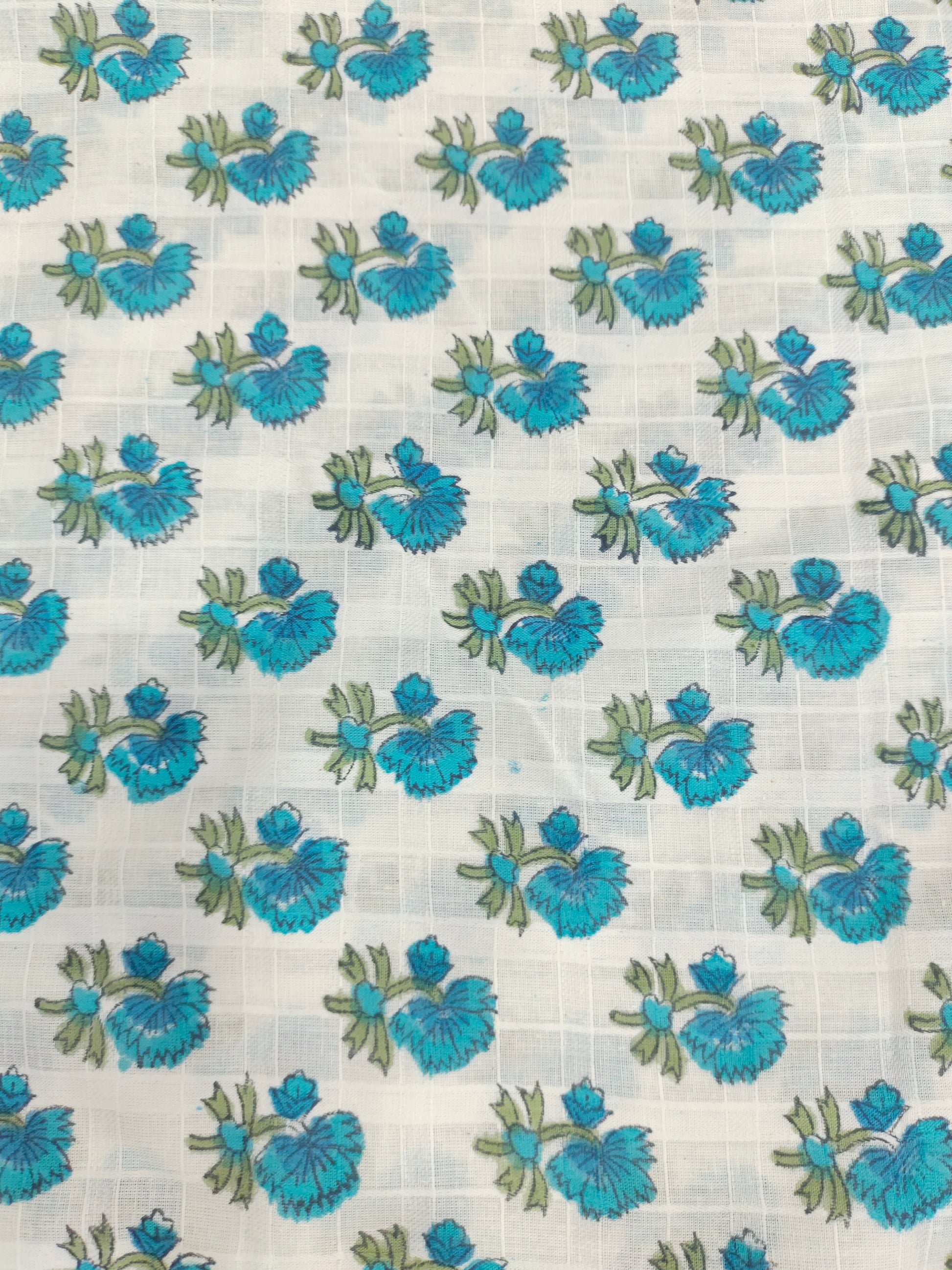 White base handblock print with blue and green