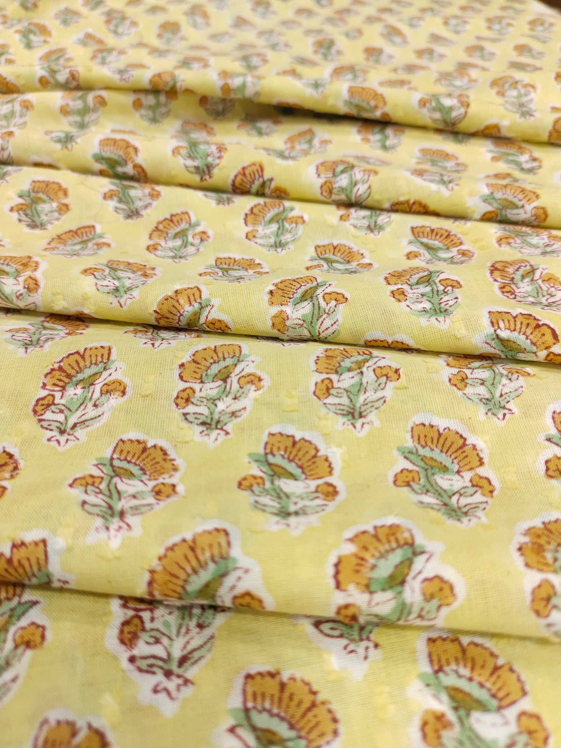 Yellow with small orange with green flowers cotton handblock print with special viwes
