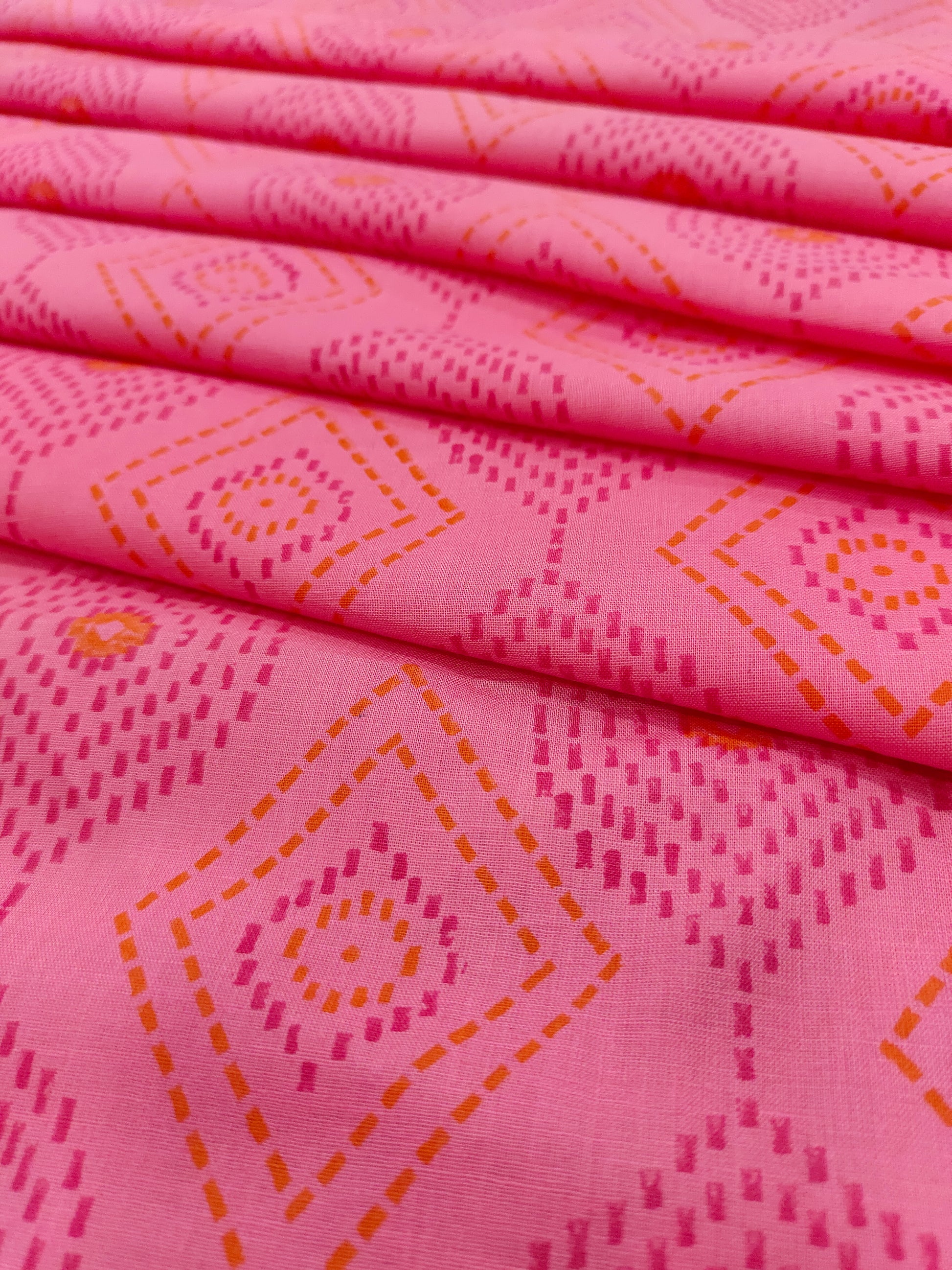 pink handblock print fabric with border
