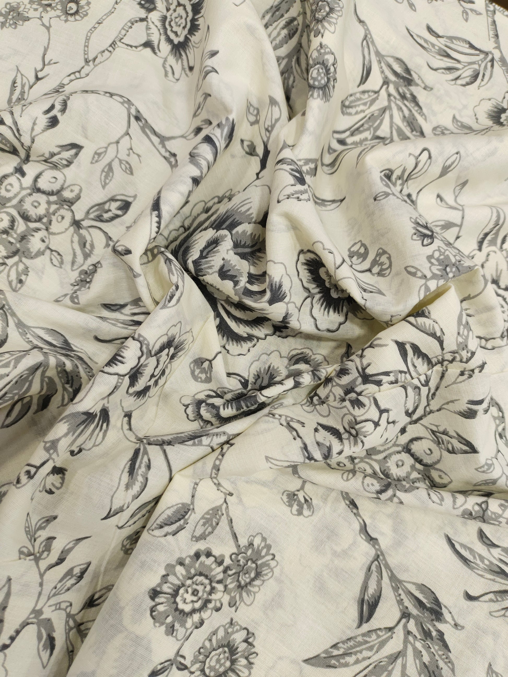 cream base with grey floral cotton screen print
