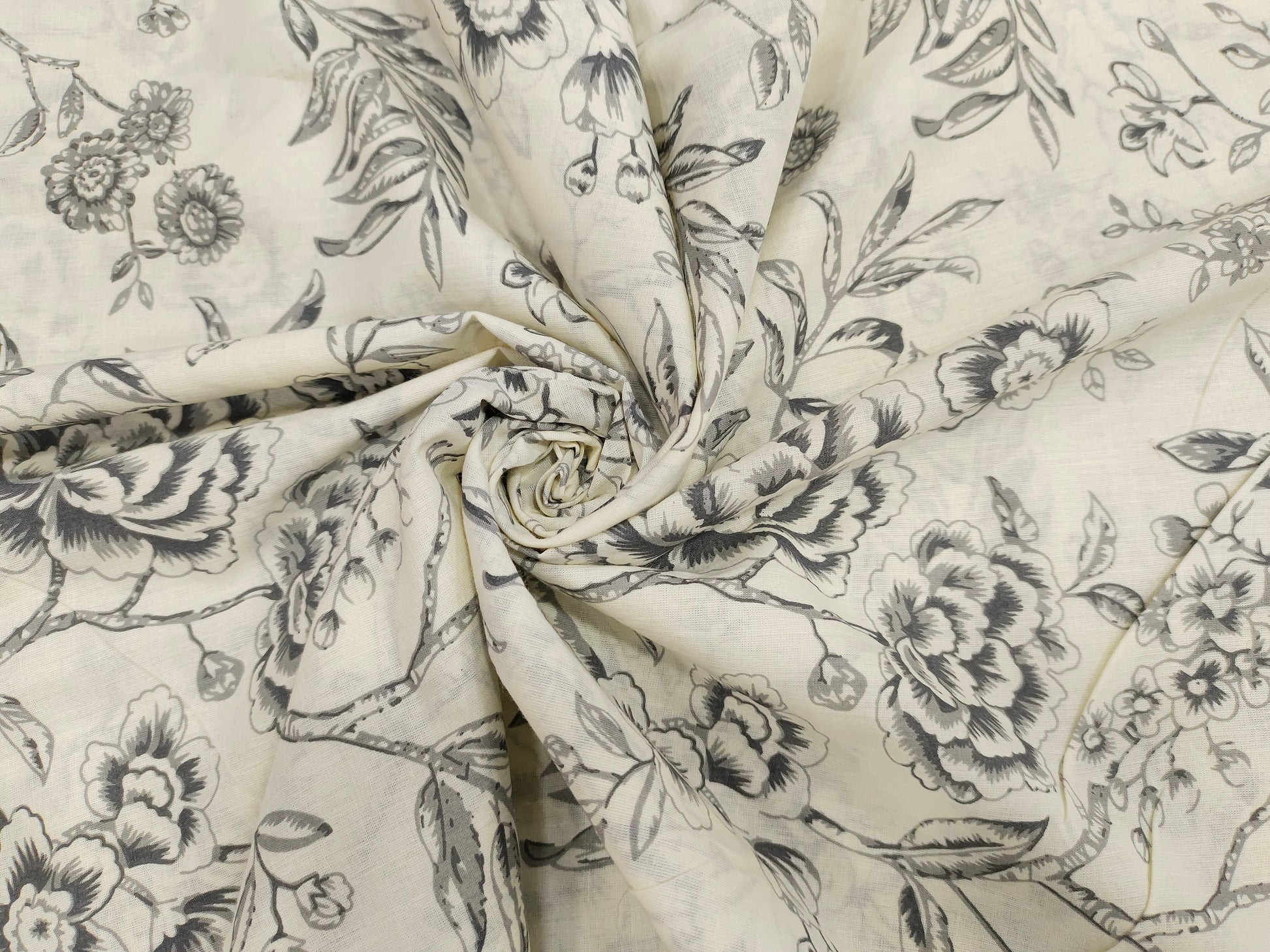 cream base with grey floral cotton screen print