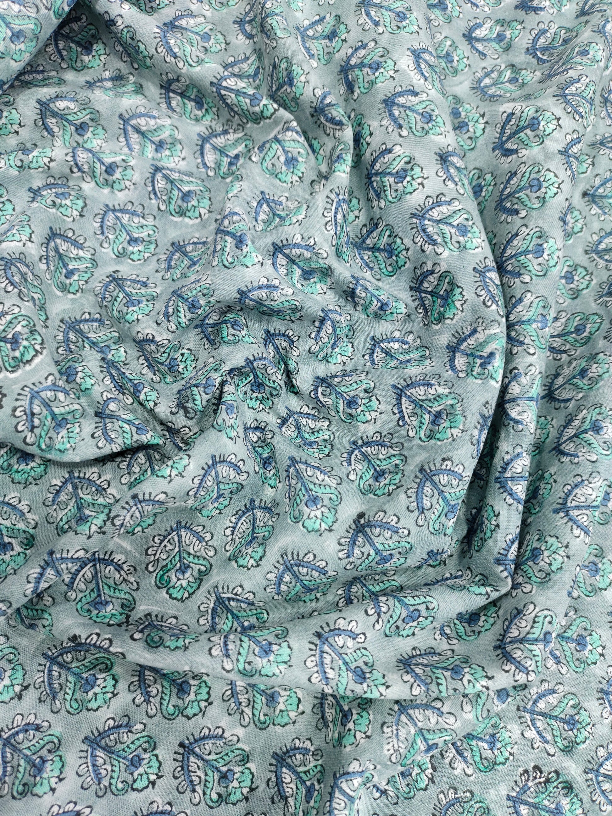 Grey base with blue and green floral handblock print
