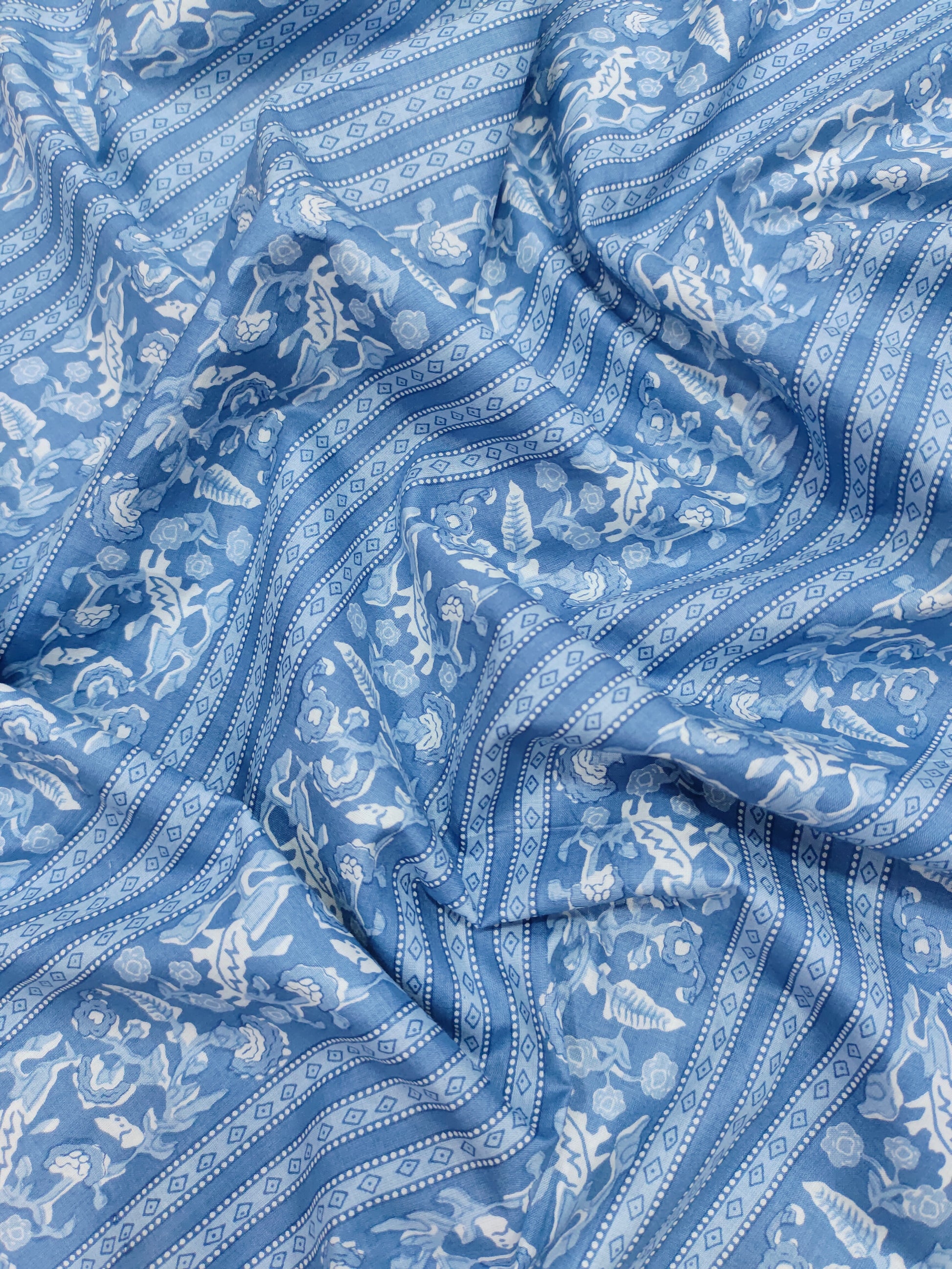 Blue handblock cotton fabric stripes