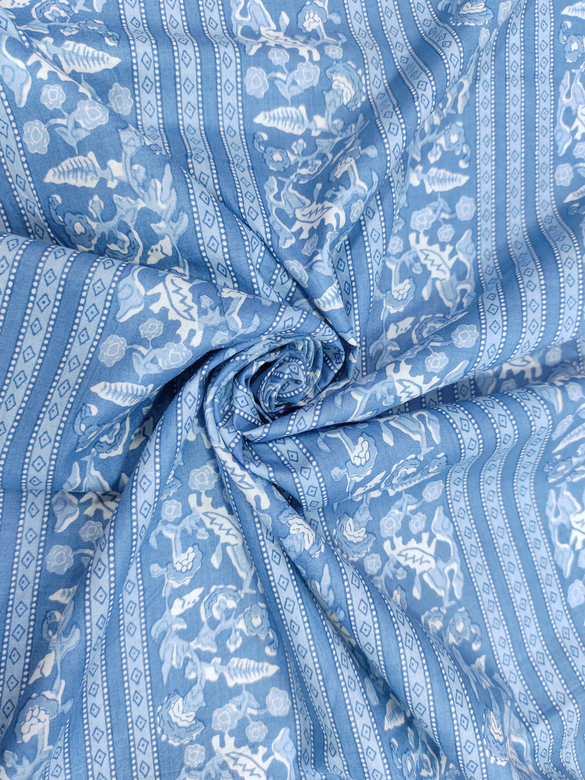 Blue handblock cotton fabric stripes