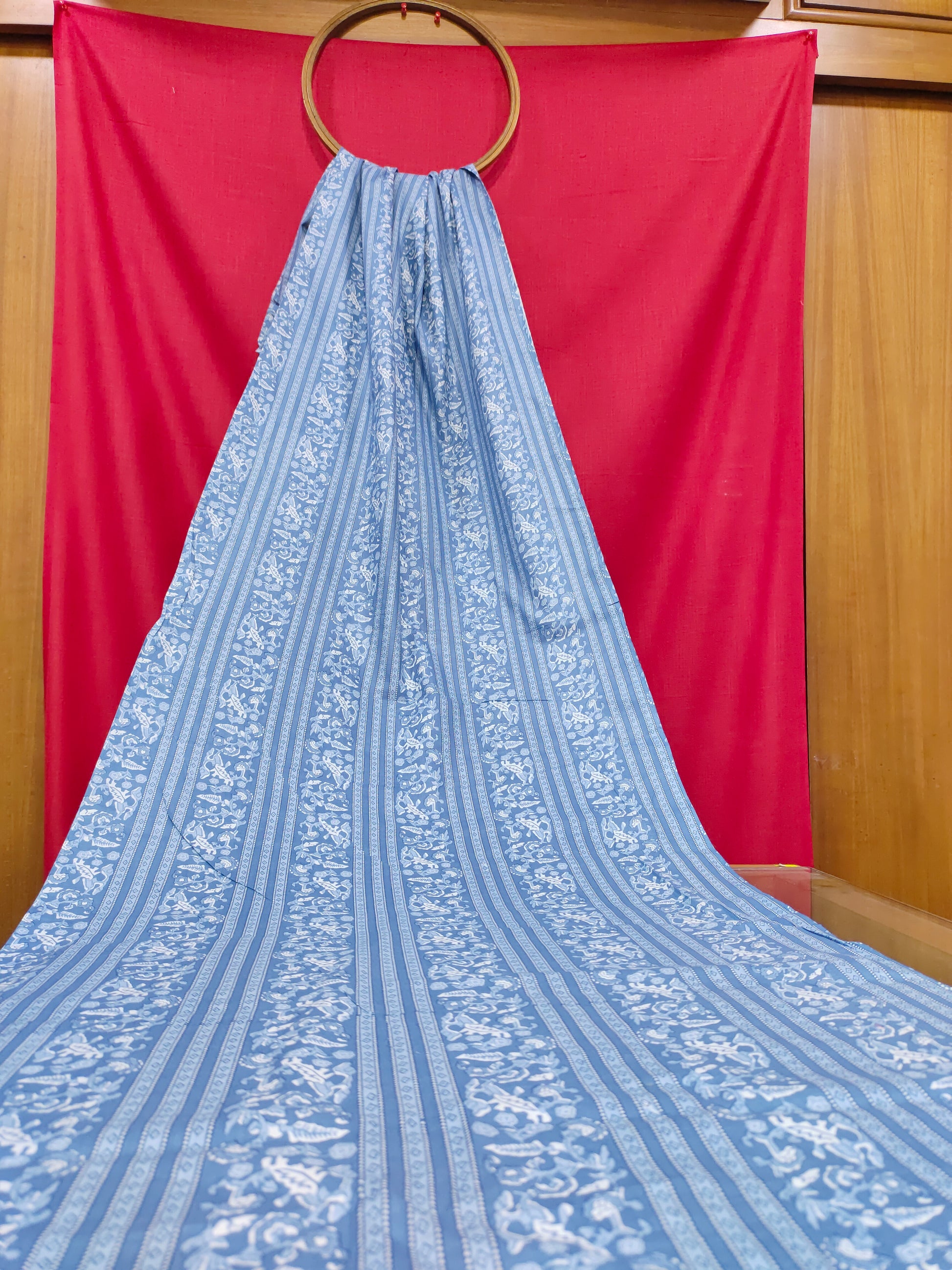 Blue handblock cotton fabric stripes