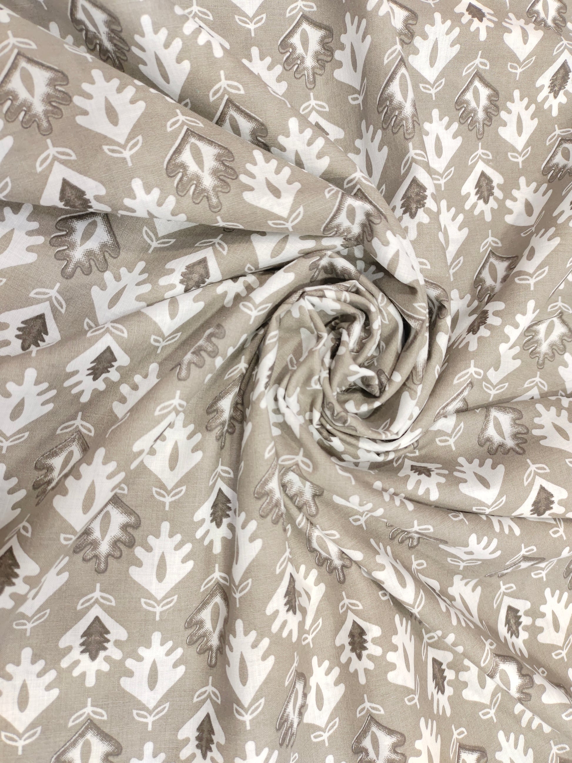 Brown base with white leaves cotton screen print