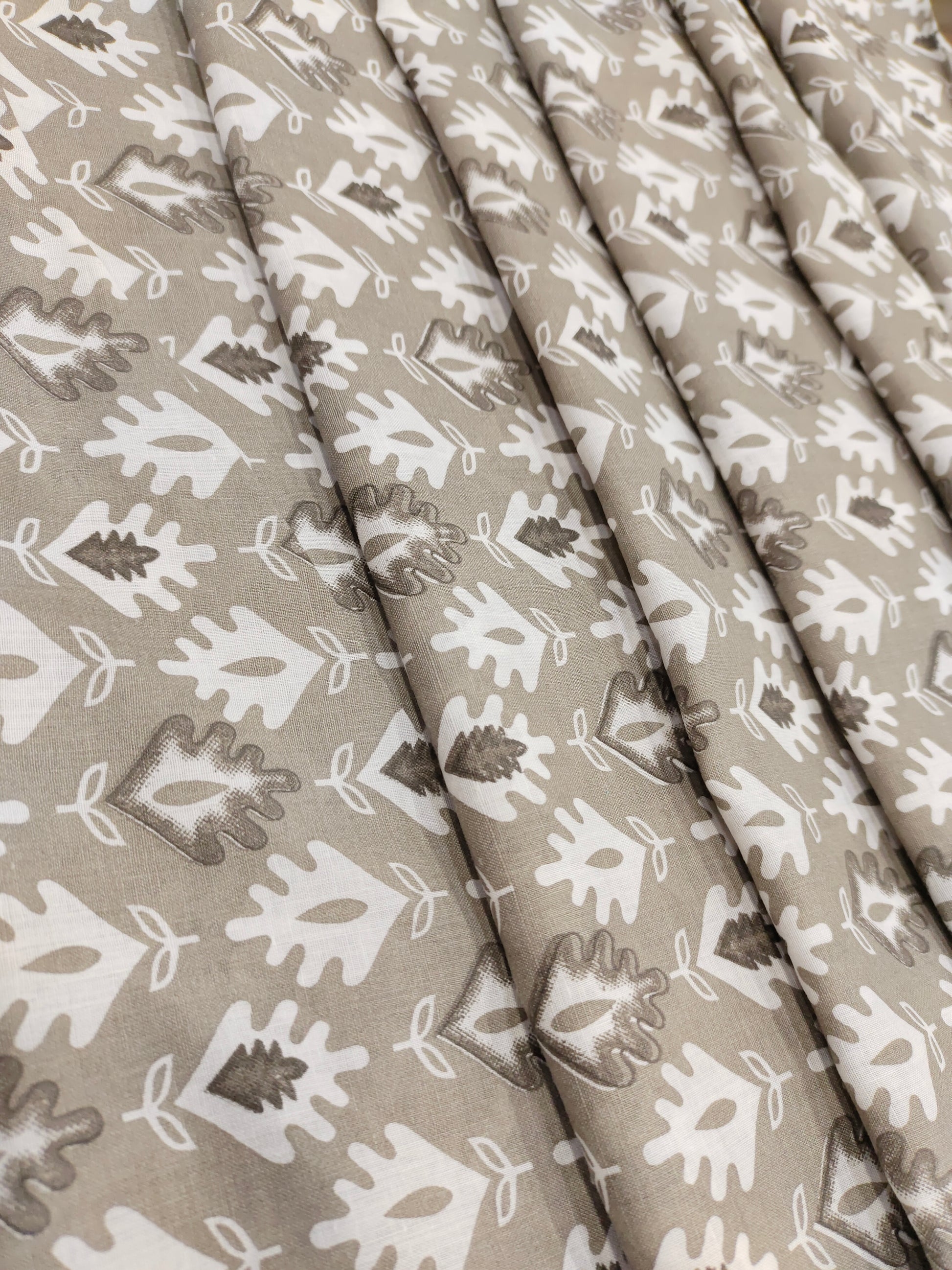 Brown base with white leaves cotton screen print