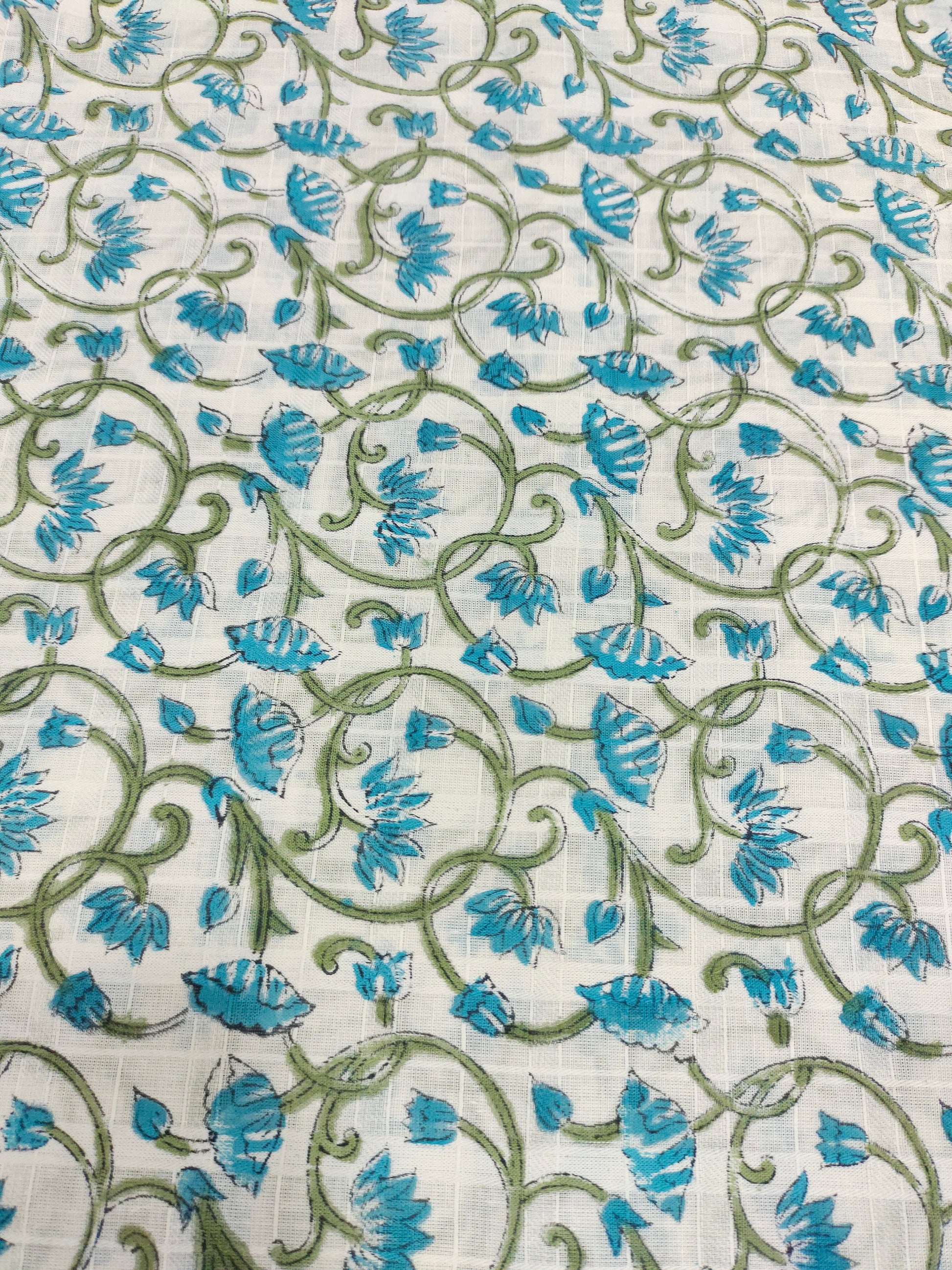 pure cotton checks fabric with blue and green handblock print