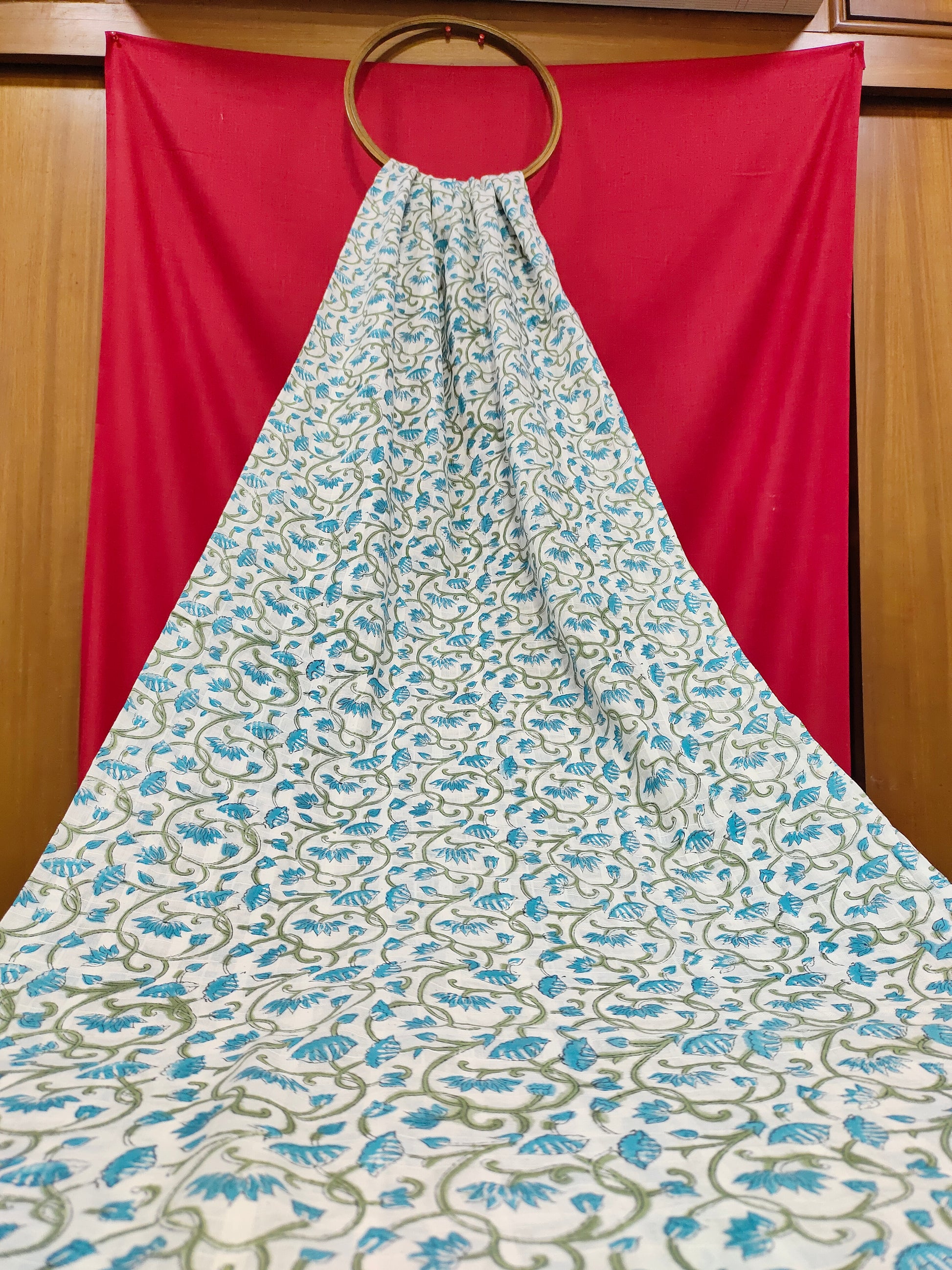 pure cotton checks fabric with blue and green handblock print