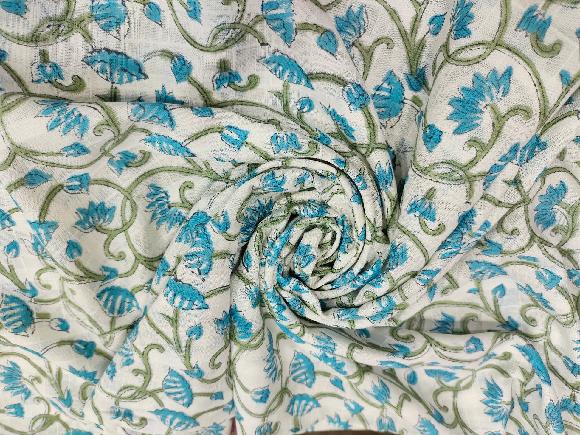 pure cotton checks fabric with blue and green handblock print