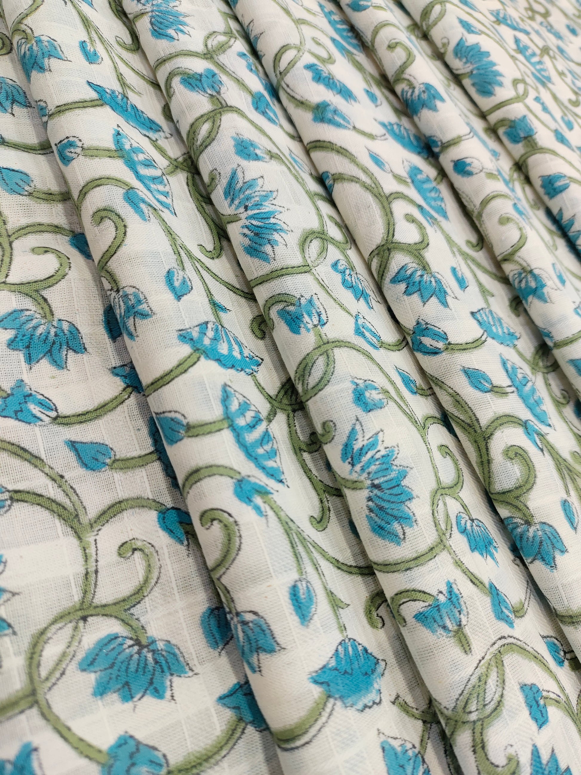 pure cotton checks fabric with blue and green handblock print
