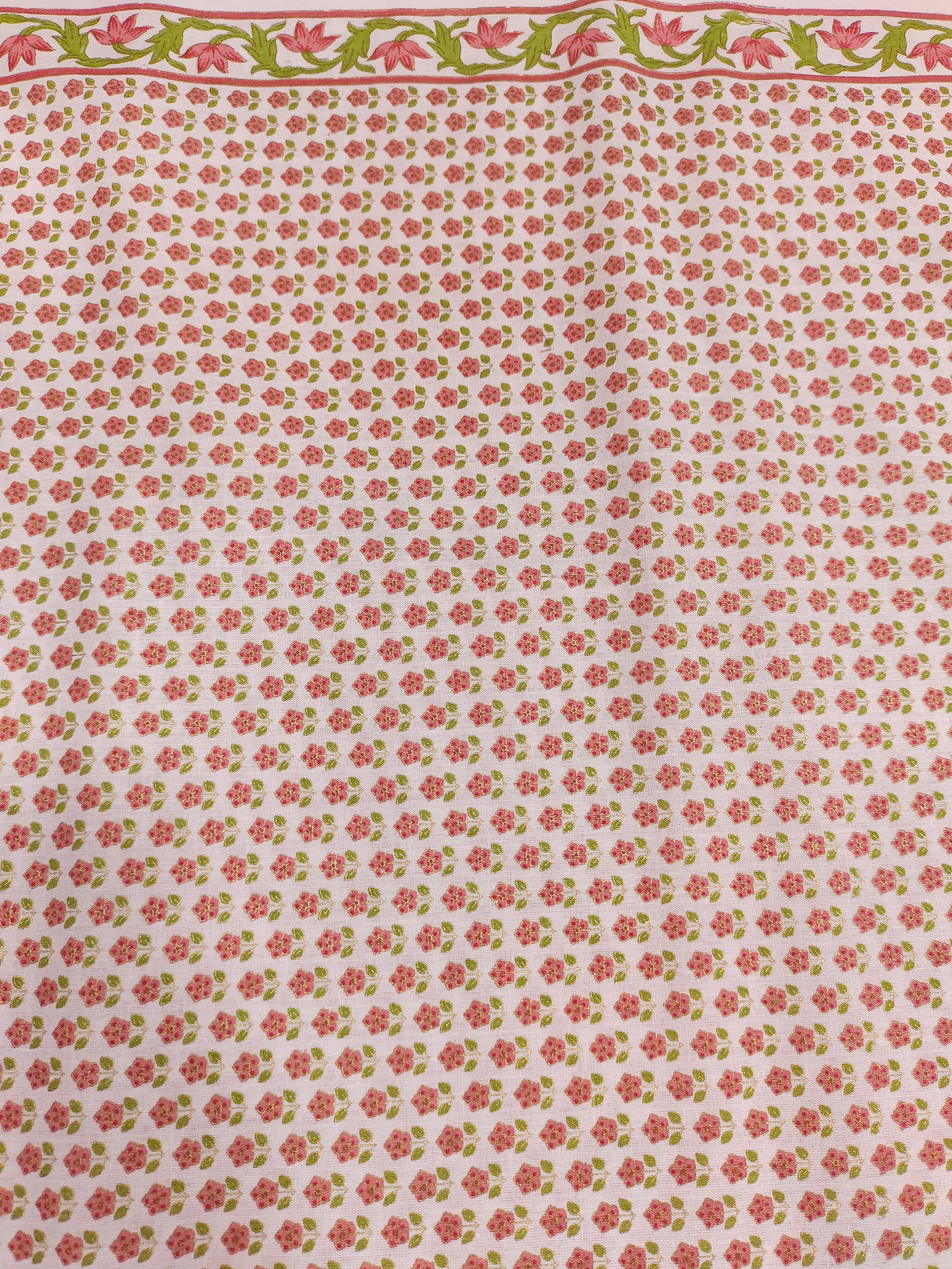 White base screen print of pink flowers