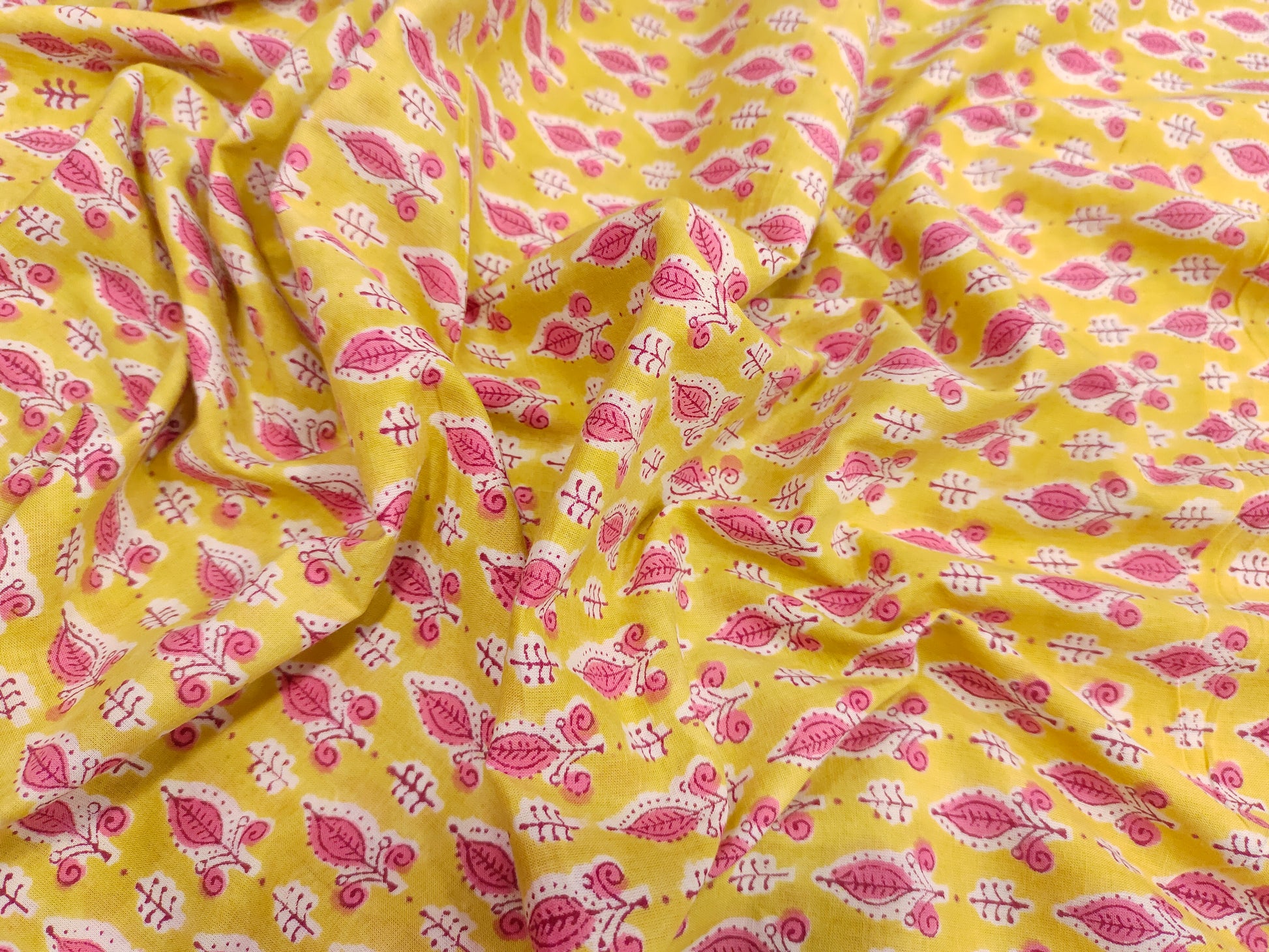 Yellow with pink floral cotton Screen Print