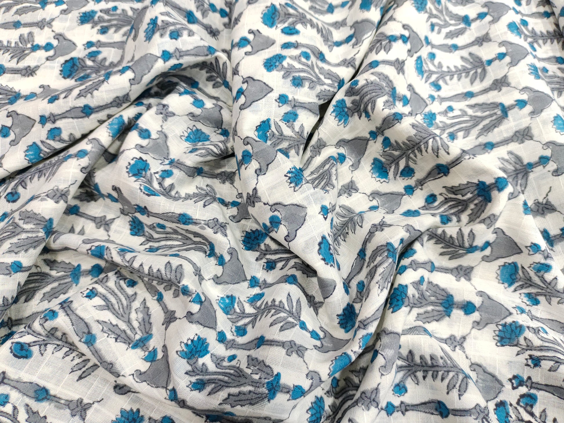 Handblock print with blue and grey on white soft cotton fabric