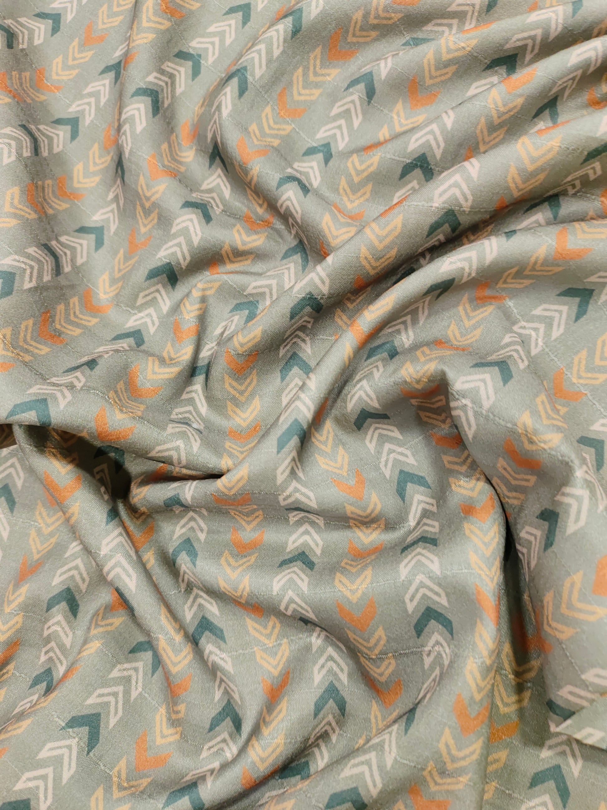 Grey mysore silk fabric with green and beige fabric