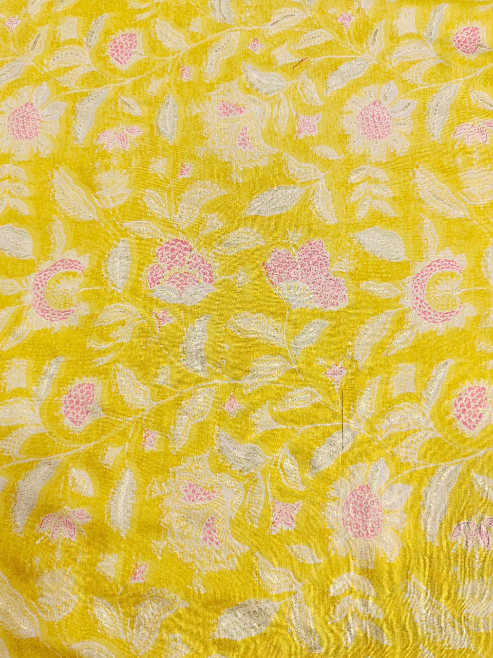 Yellow muslin fabric with pink and gold digital print