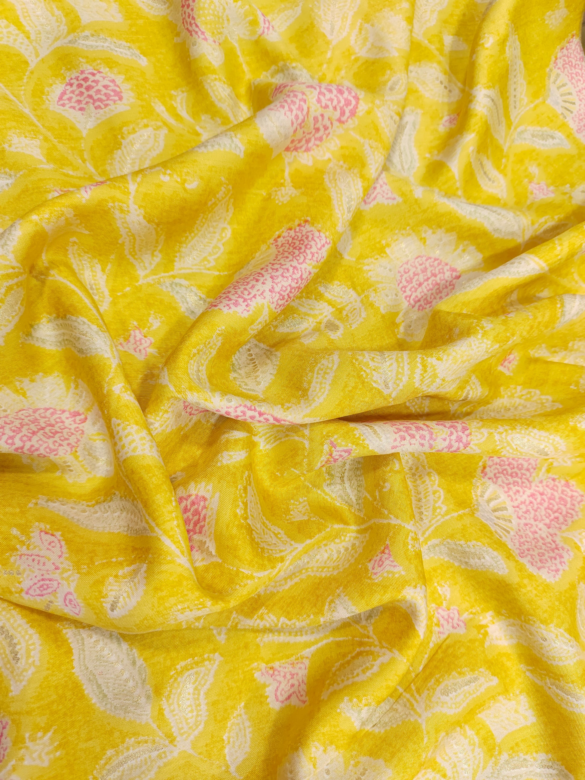 Yellow muslin fabric with pink and gold digital print