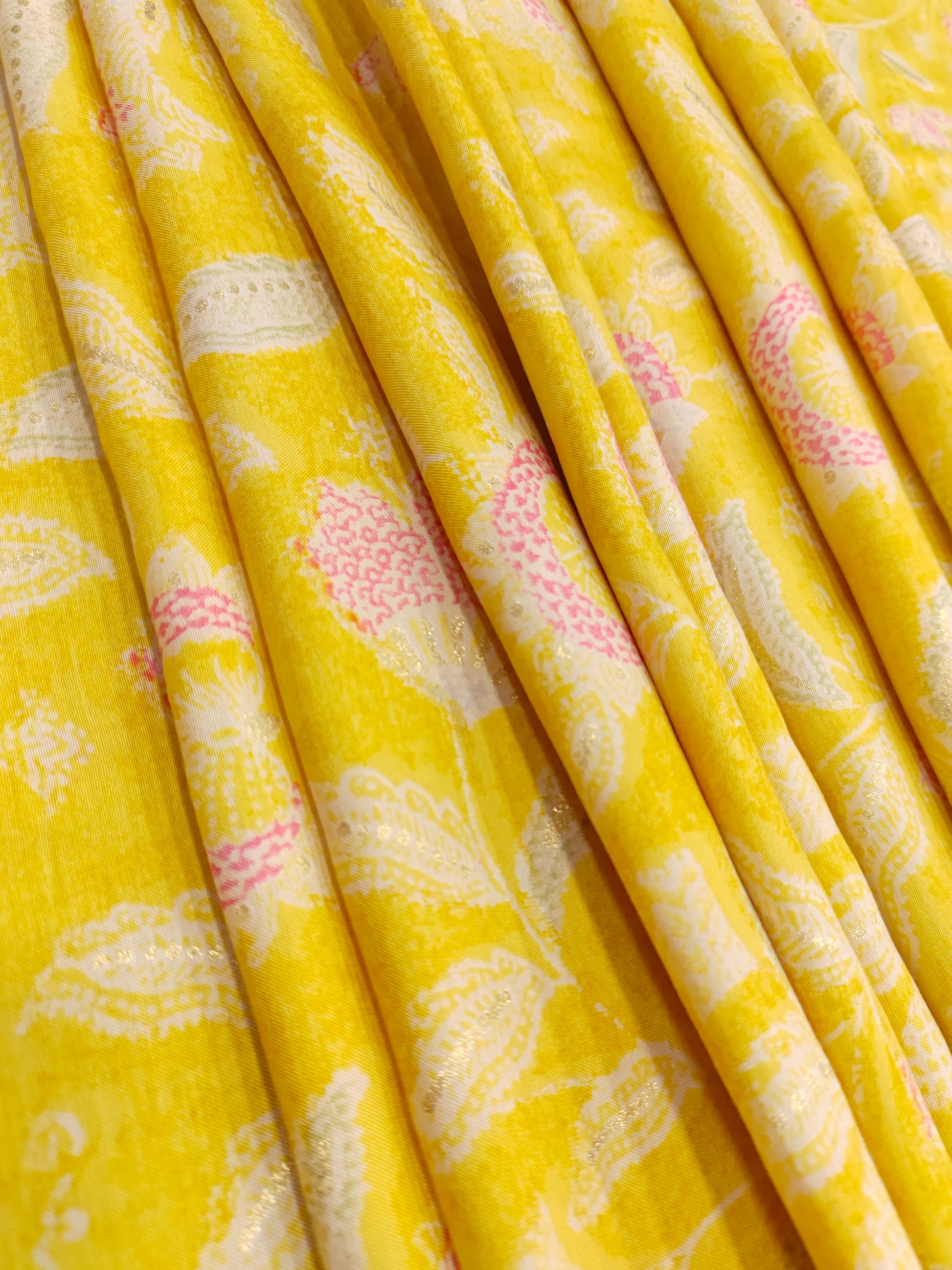 Yellow muslin fabric with pink and gold digital print