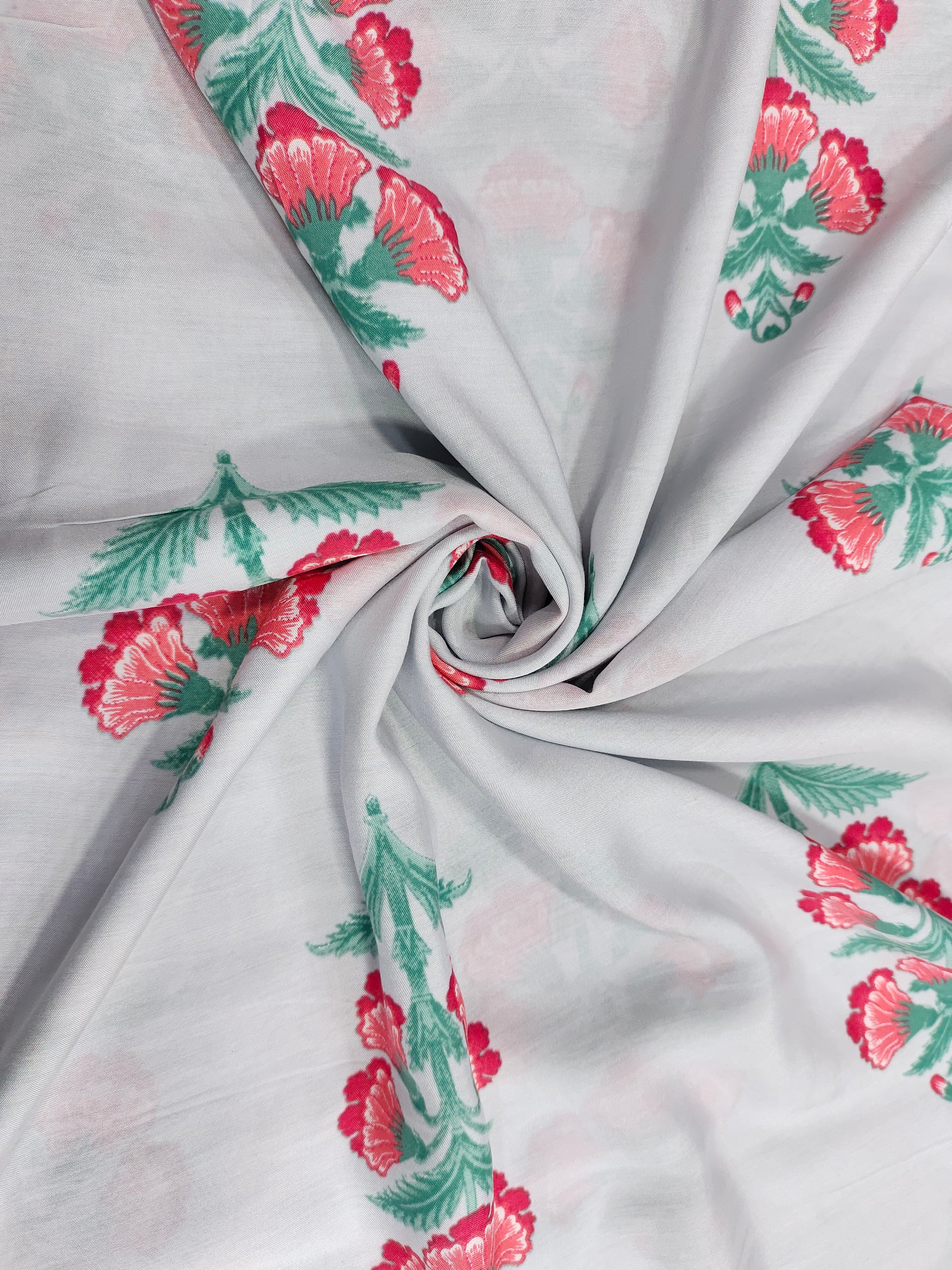 Grey cotton silk fabric with red and green digital print