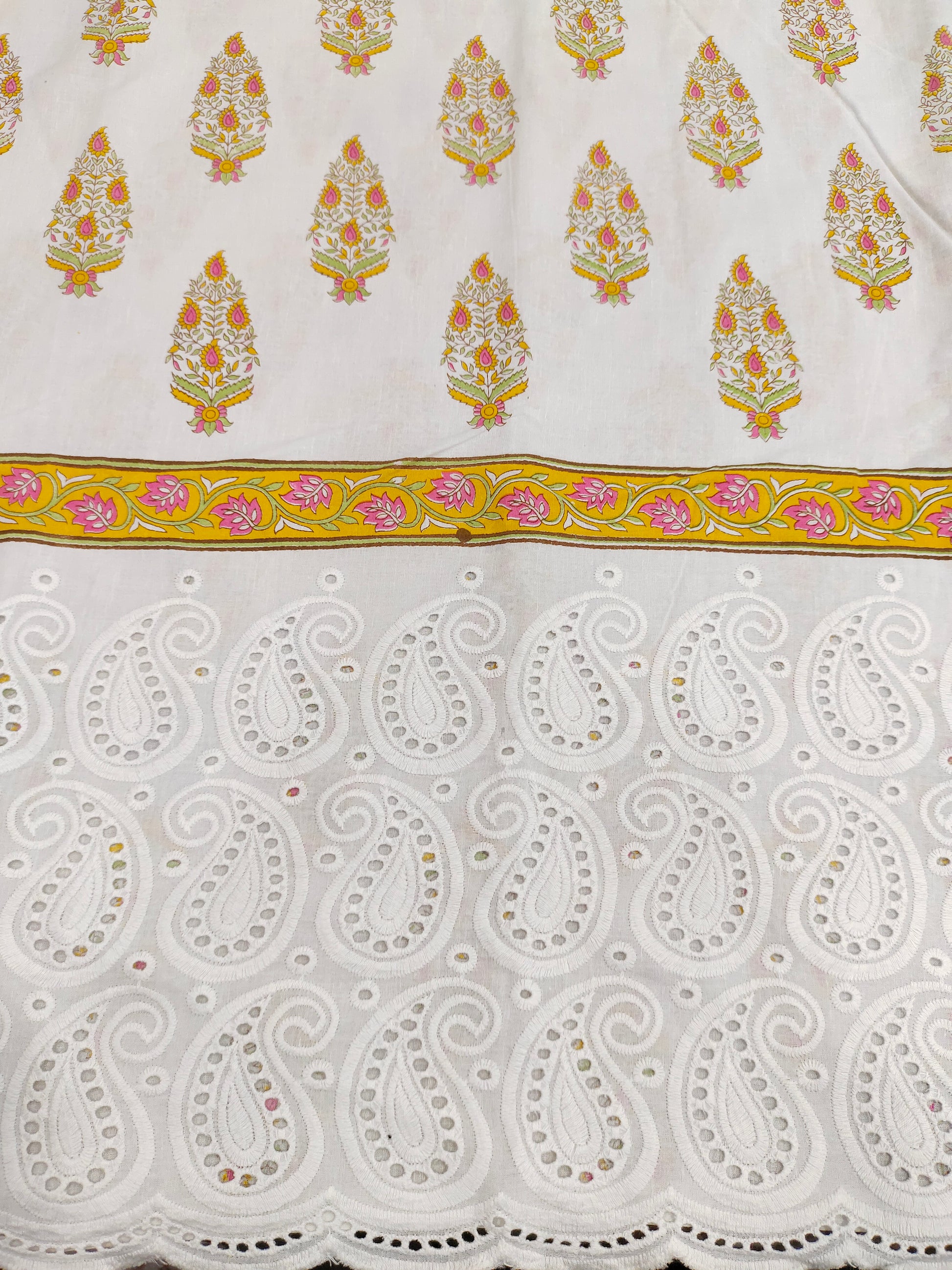 White daman cutwork border with yellow print