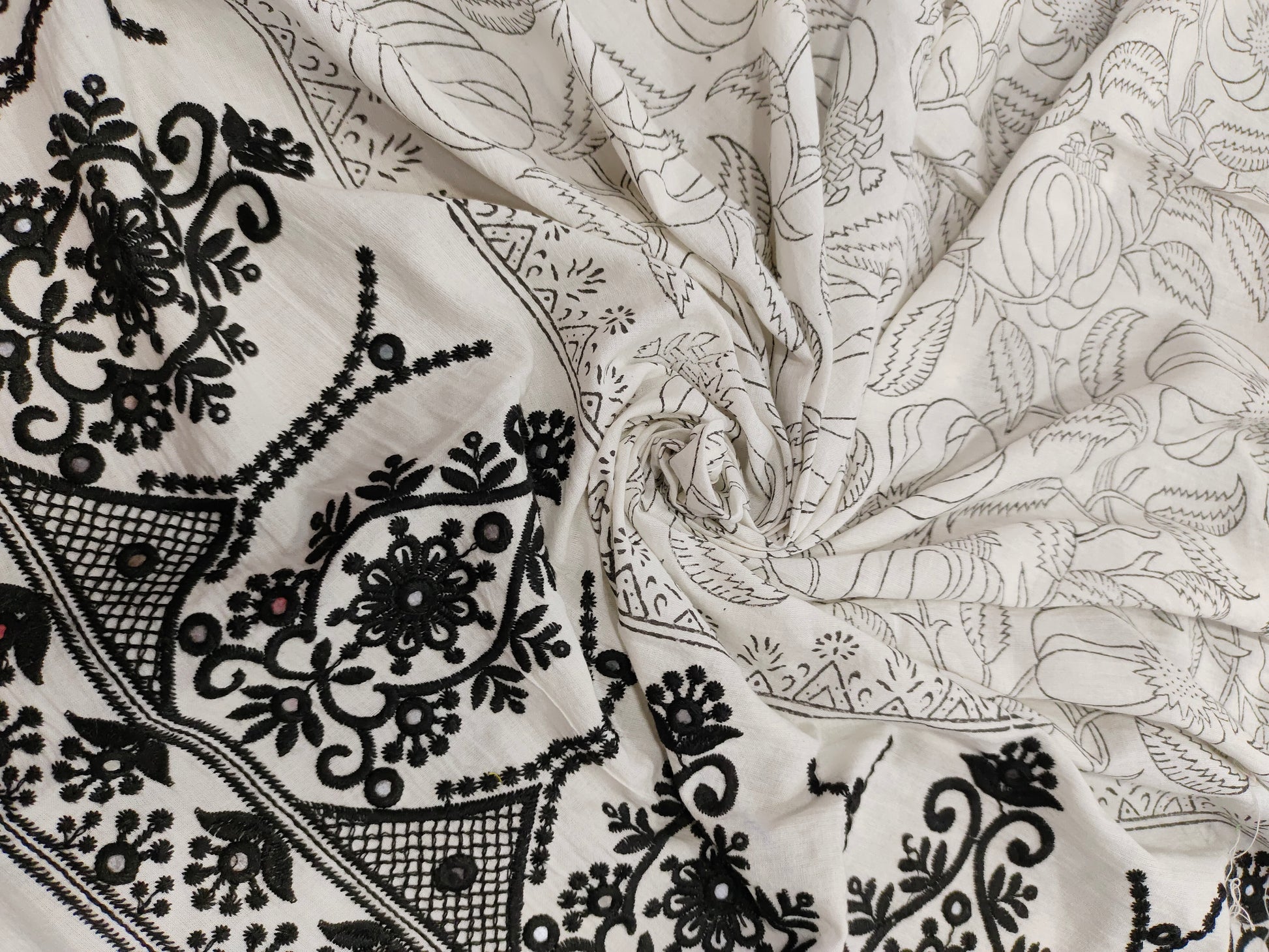 White fabric with black  handblock print and added with schiffli daman