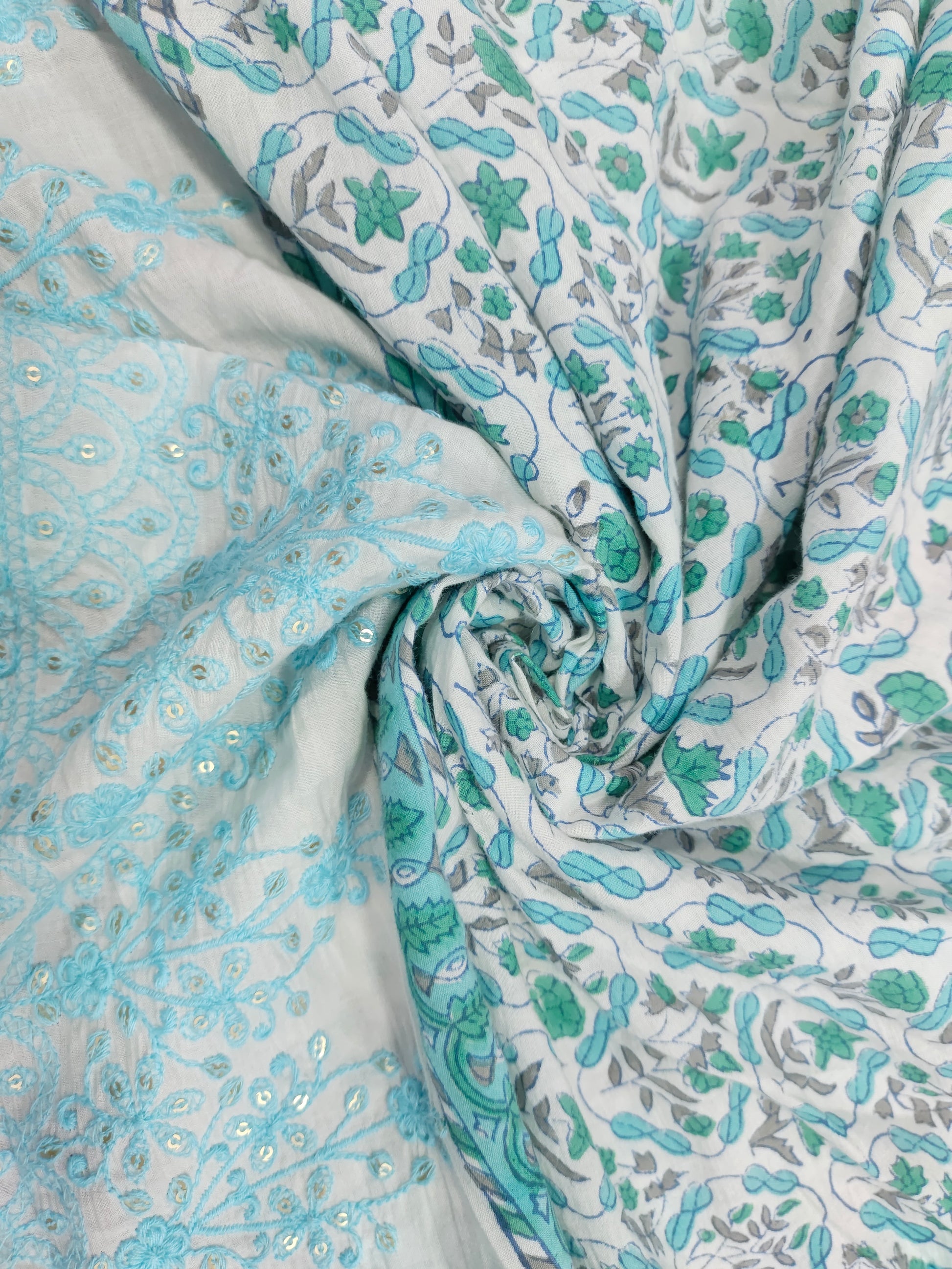 White fabric with blue handblock print and added with schiffli daman