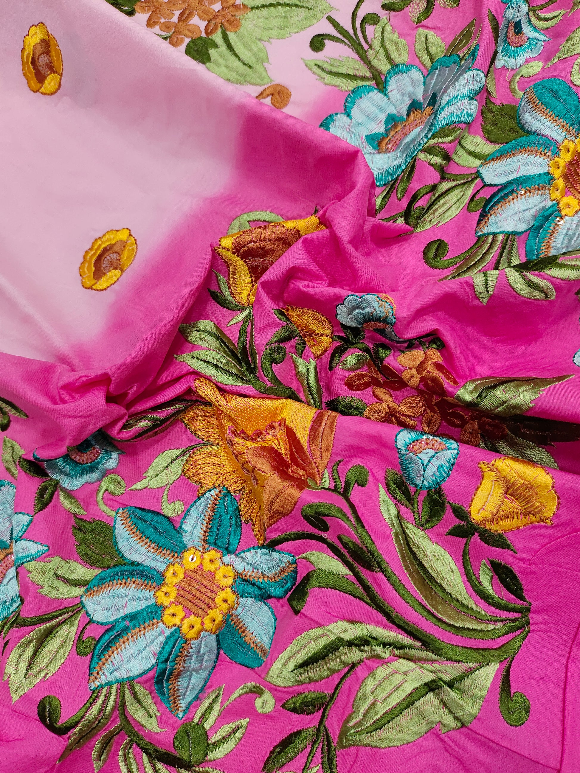 Shaded cotton fabric with multicolor floral embroidery
