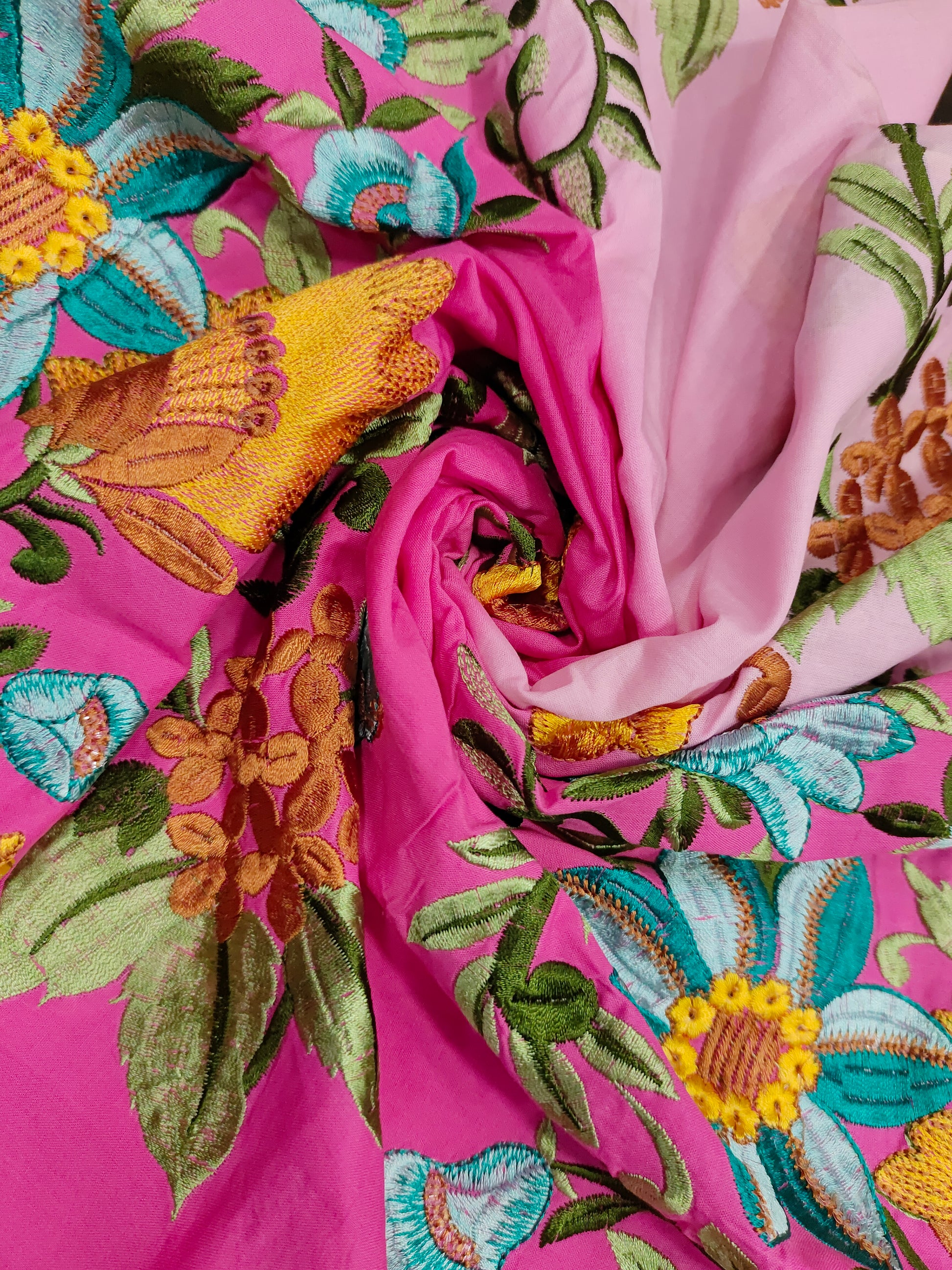 Shaded cotton fabric with multicolor floral embroidery