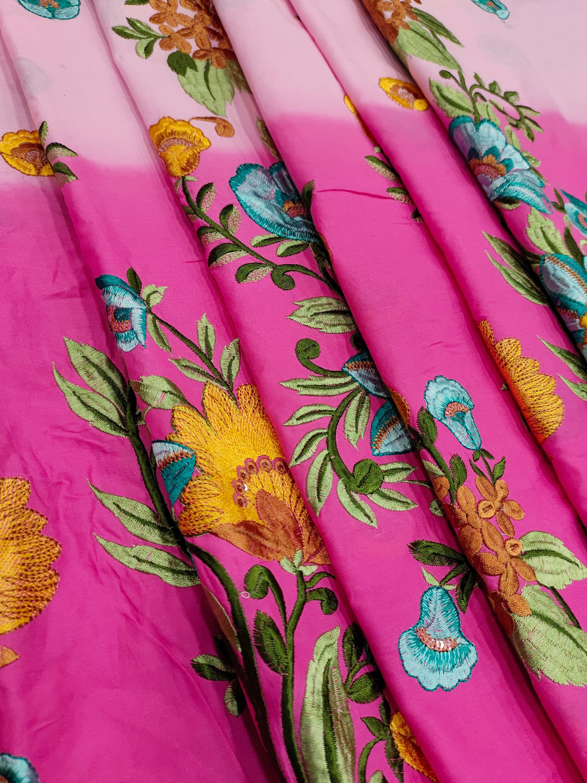 Shaded cotton fabric with multicolor floral embroidery