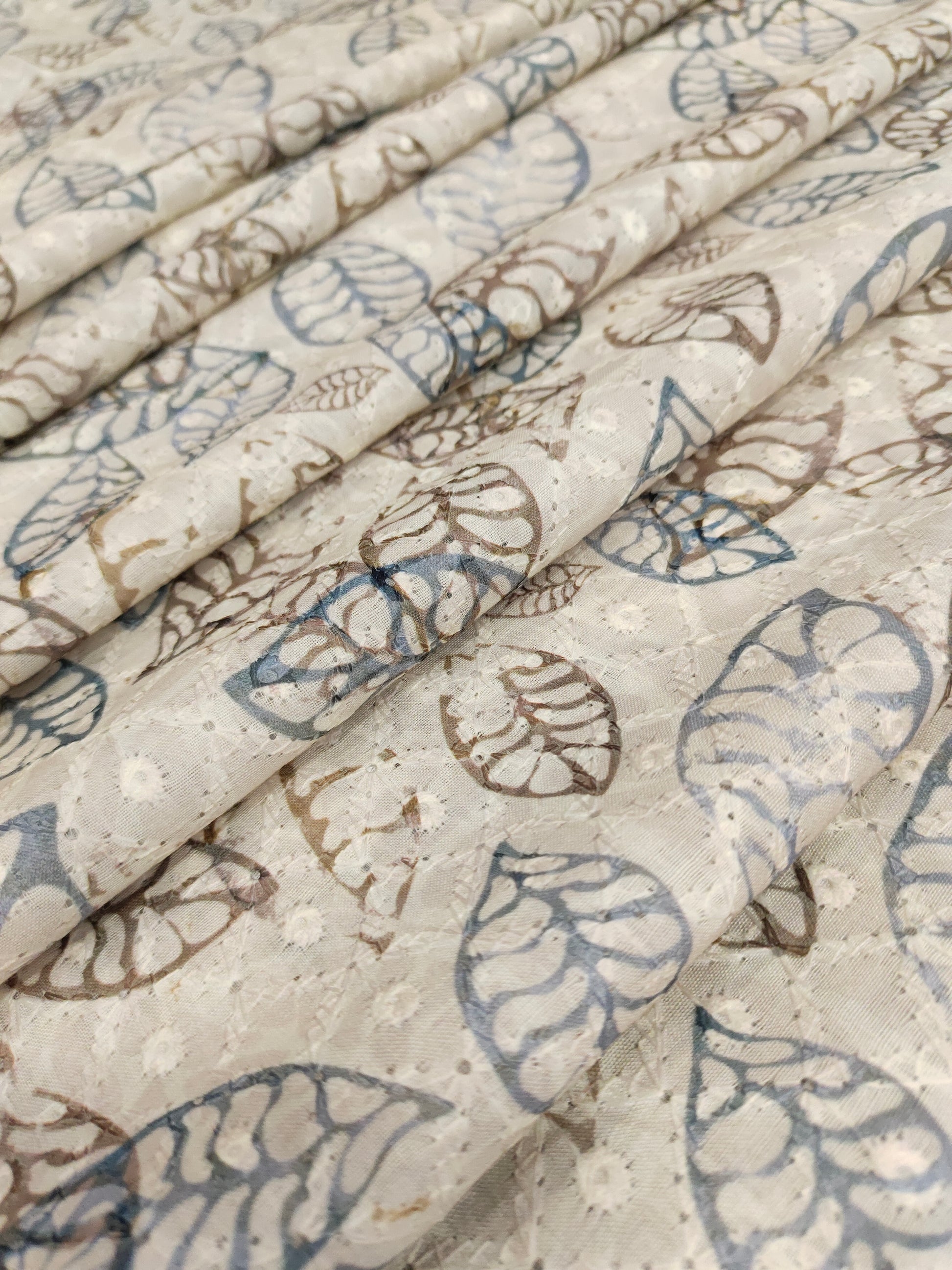 Light beige chikan with digital leaves print