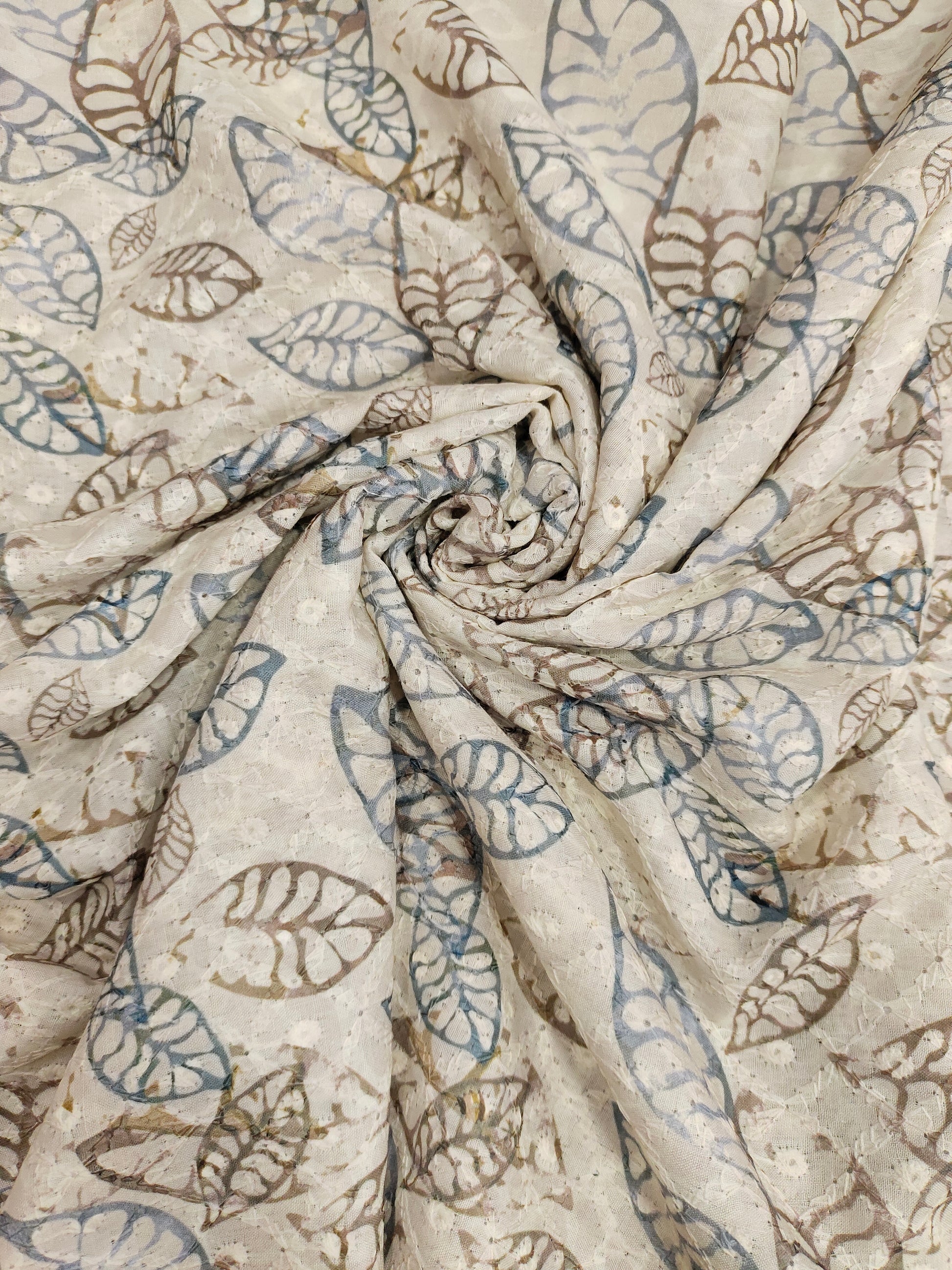 Light beige chikan with digital leaves print