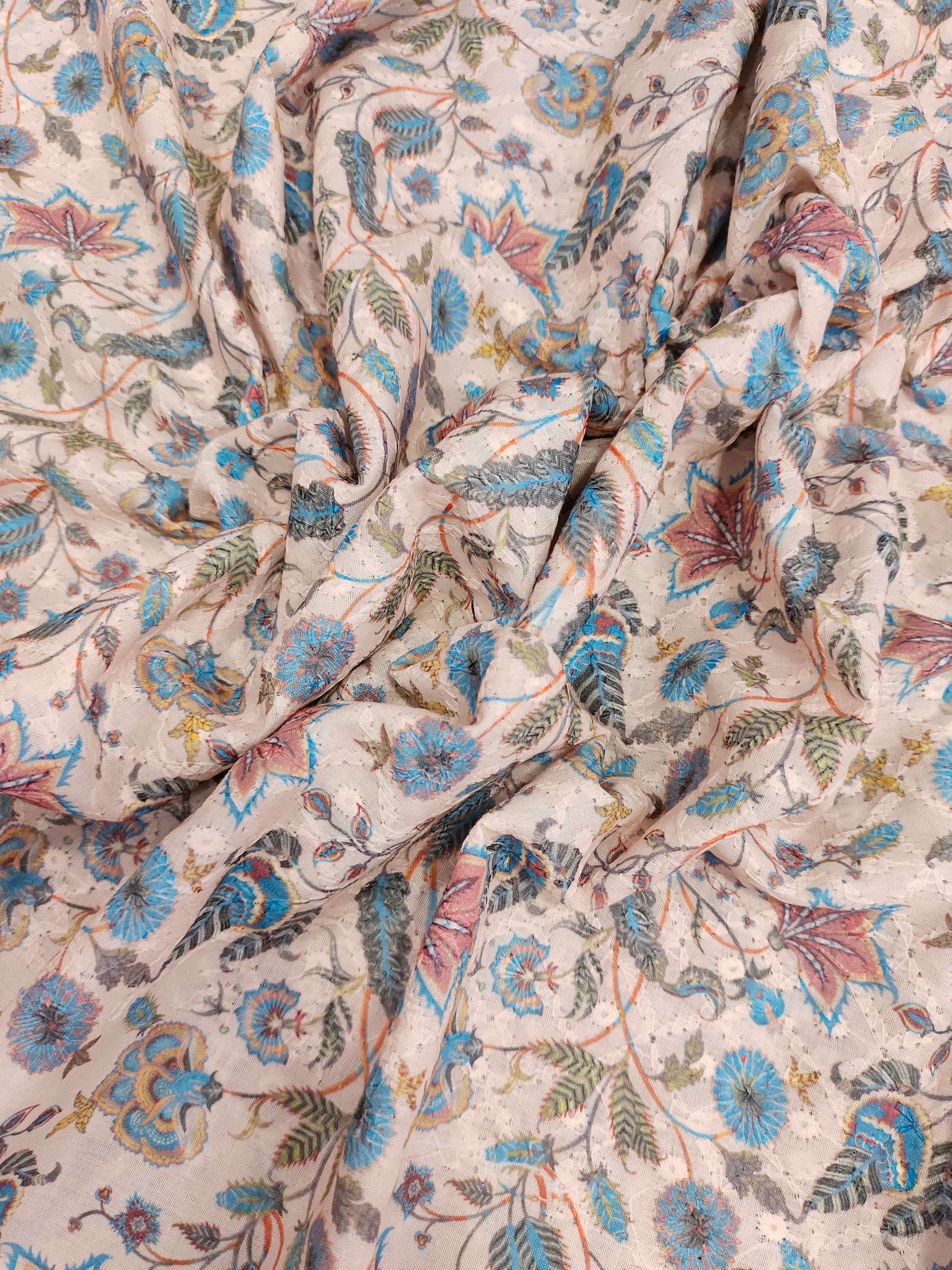 Cotton chikan with digital print with blue color highlights