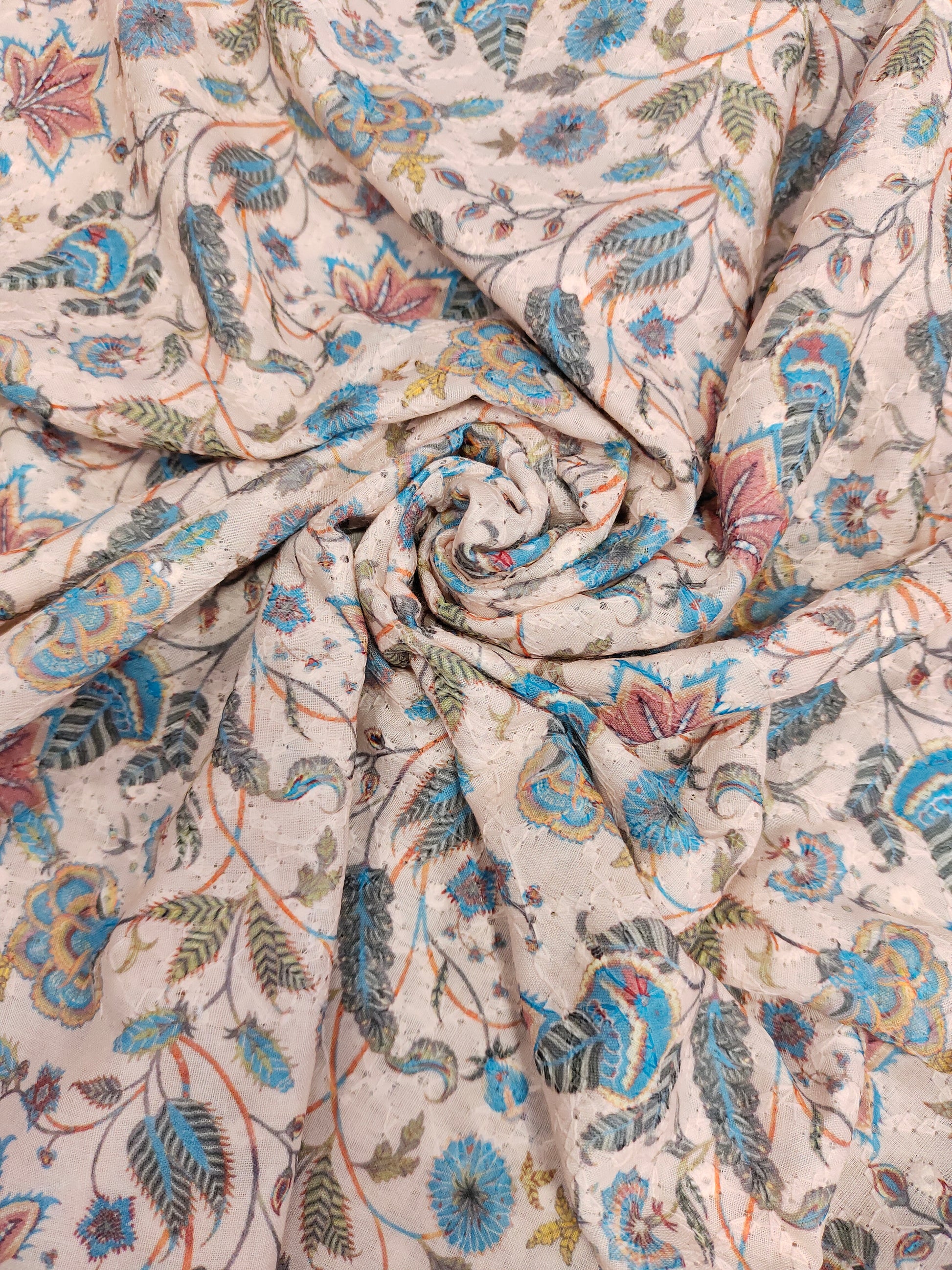 Cotton chikan with digital print with blue color highlights