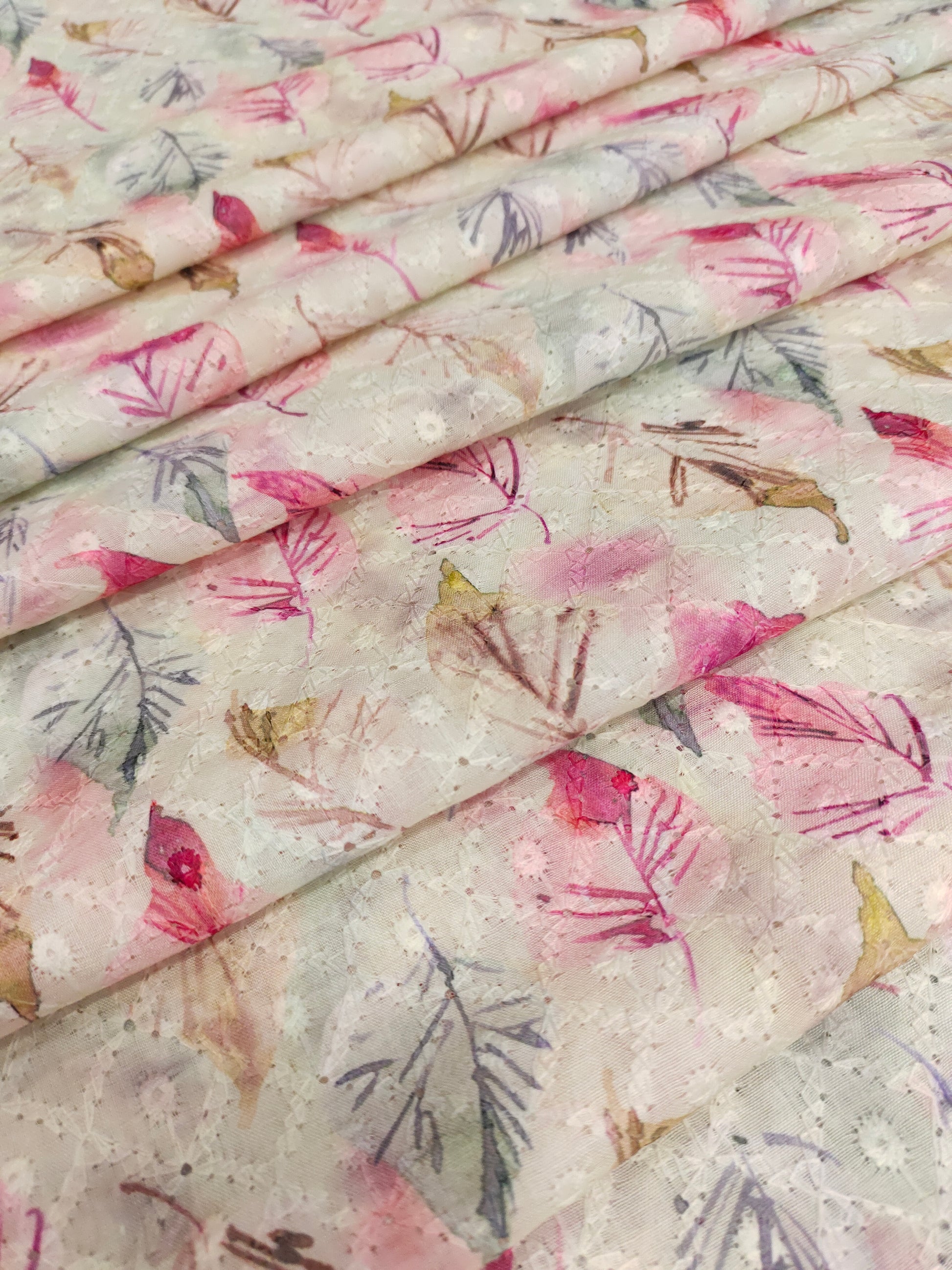 Cotton chikan with shaded leaves digital print