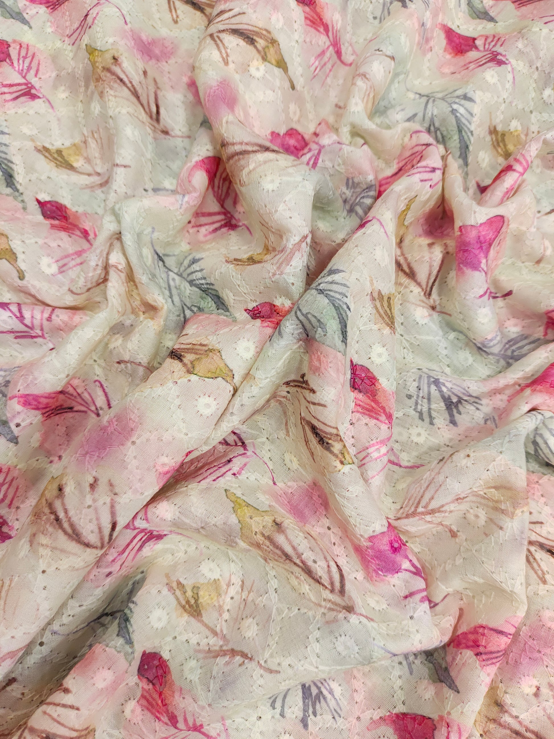 Cotton chikan with shaded leaves digital print