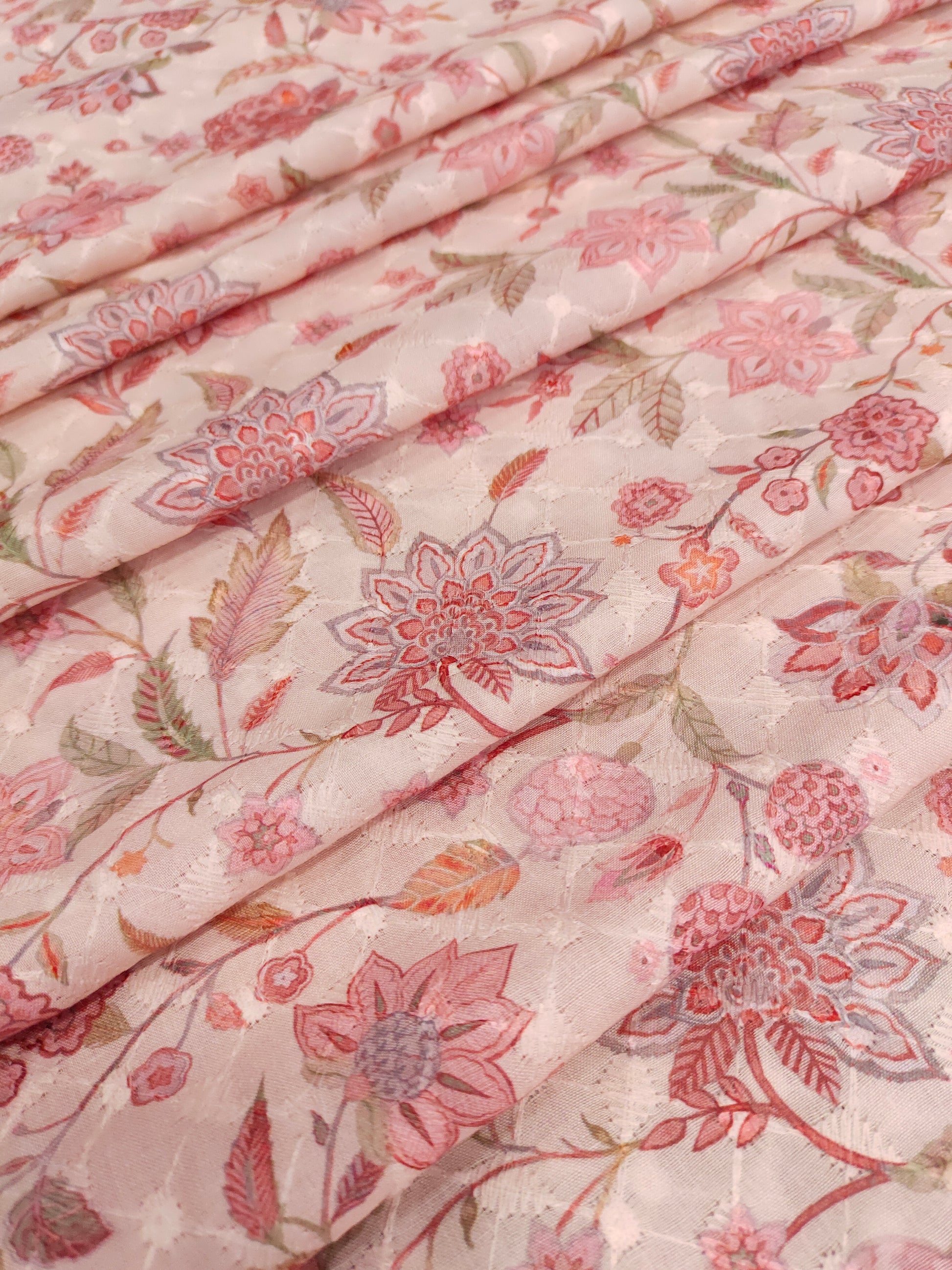 Peach cotton chikan with floral digital print