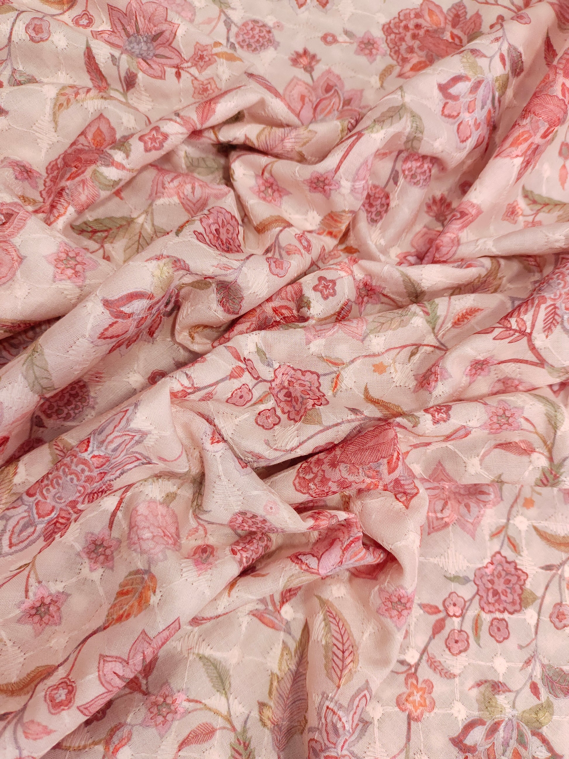 Peach cotton chikan with floral digital print