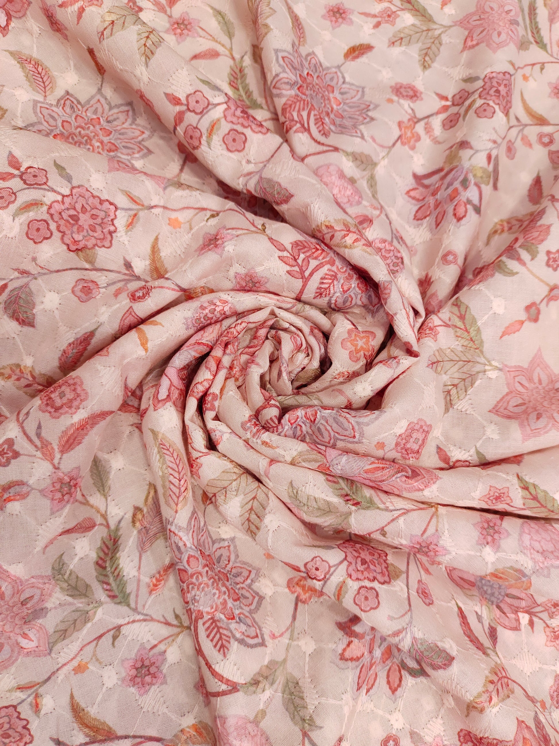 Peach cotton chikan with floral digital print