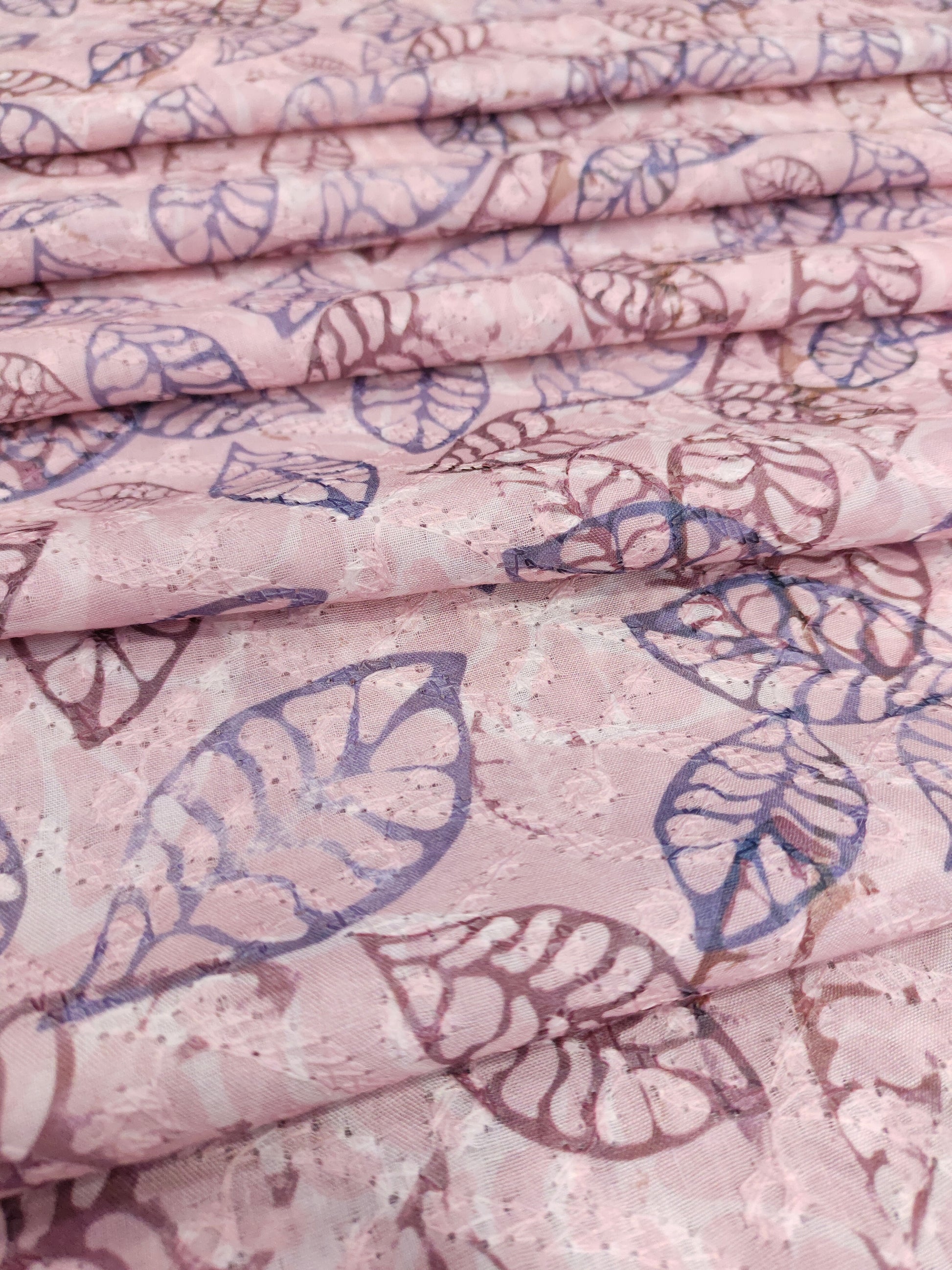 Pinkish cotton chikan with digital leaves print
