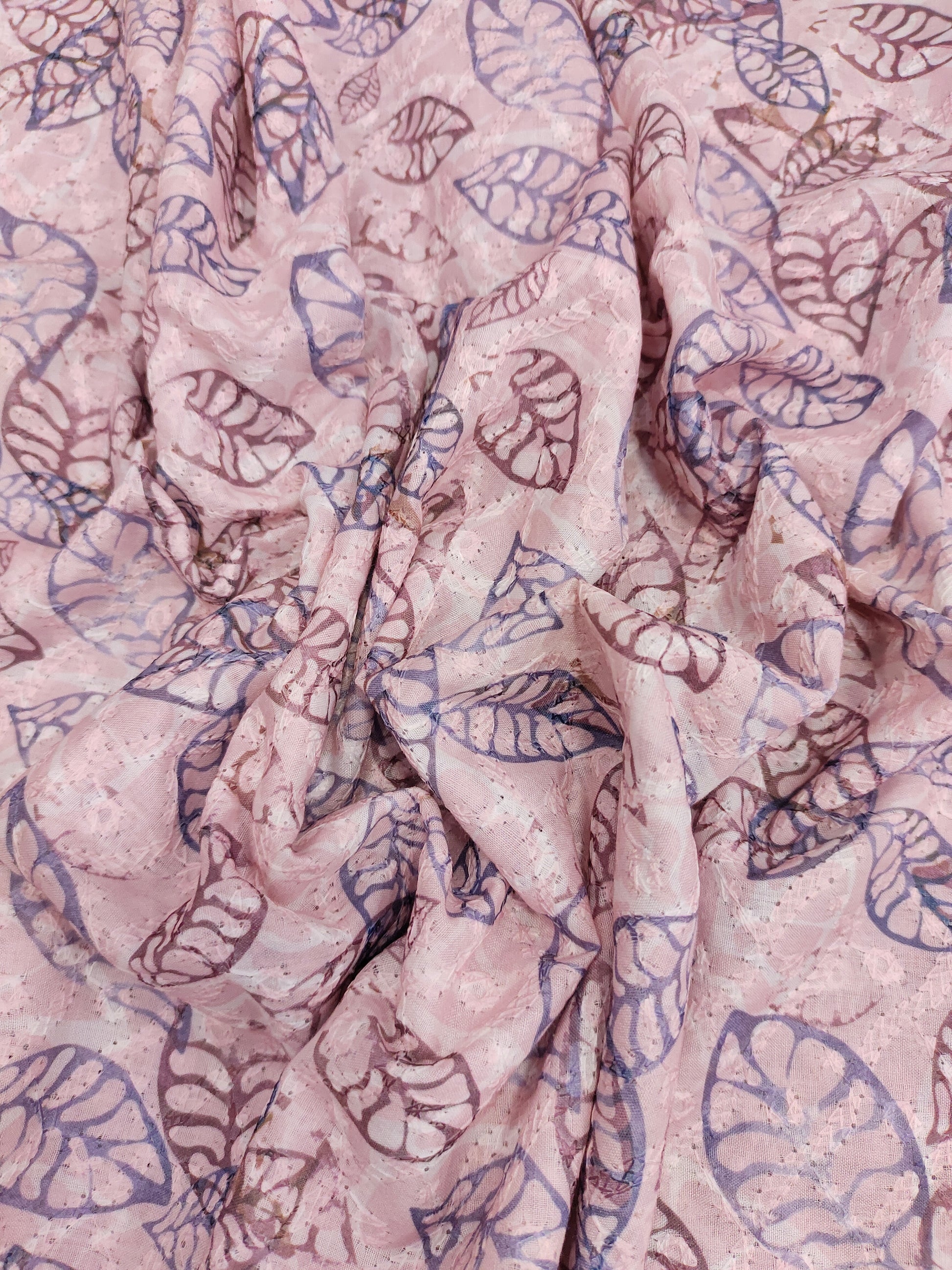 Pinkish cotton chikan with digital leaves print