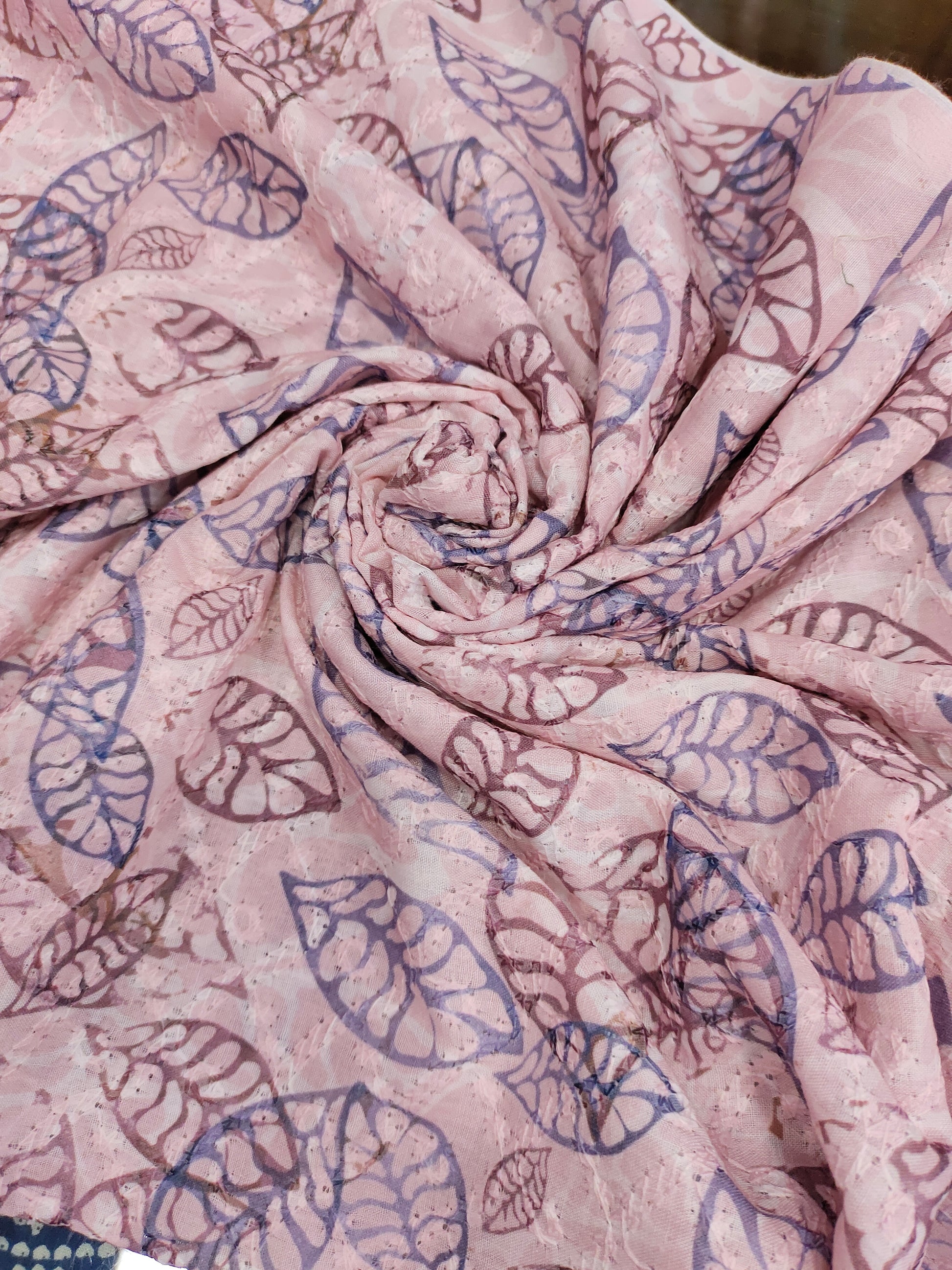 Pinkish cotton chikan with digital leaves print