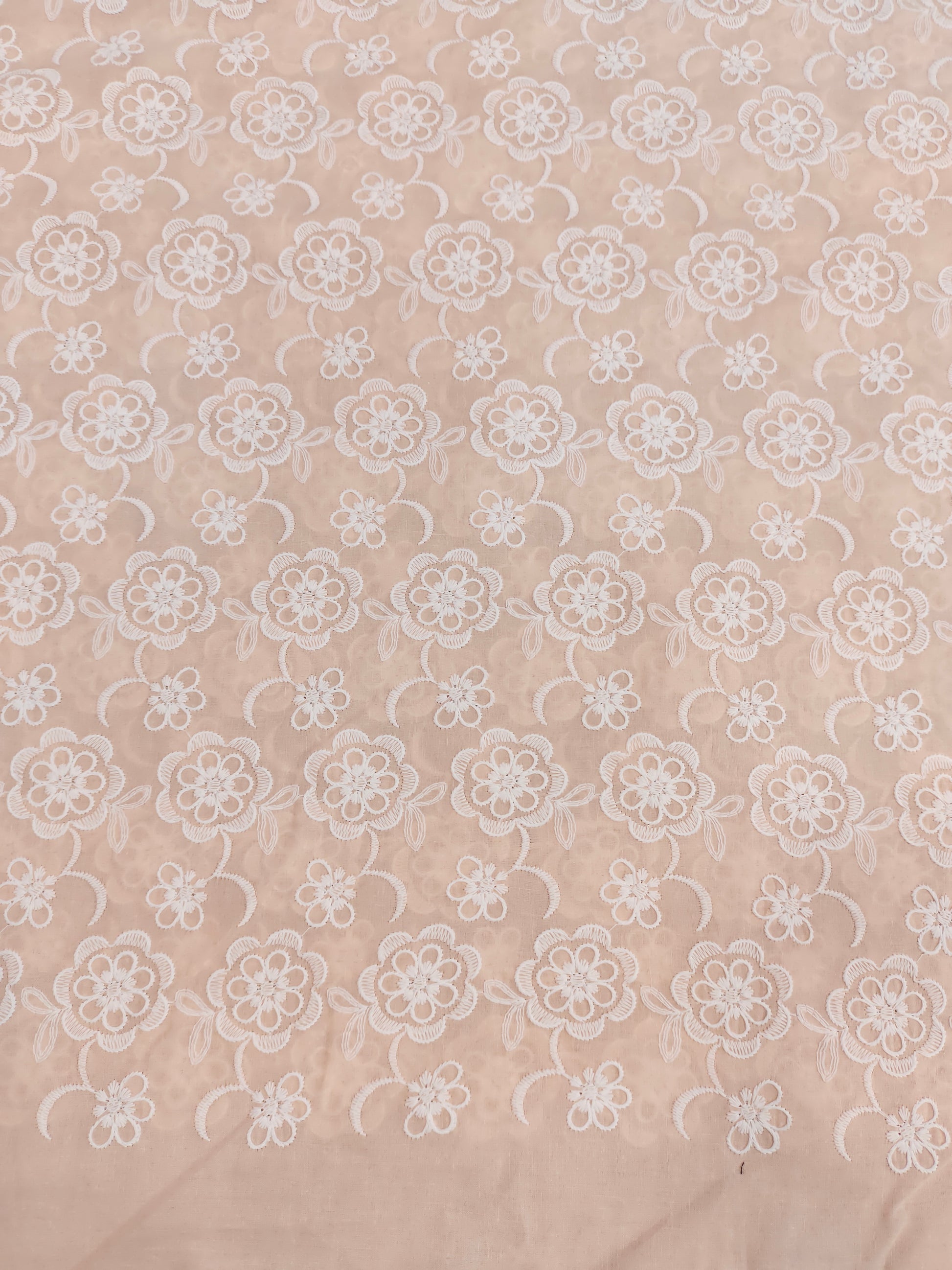 Peach cotton chikan with white floral embroidery