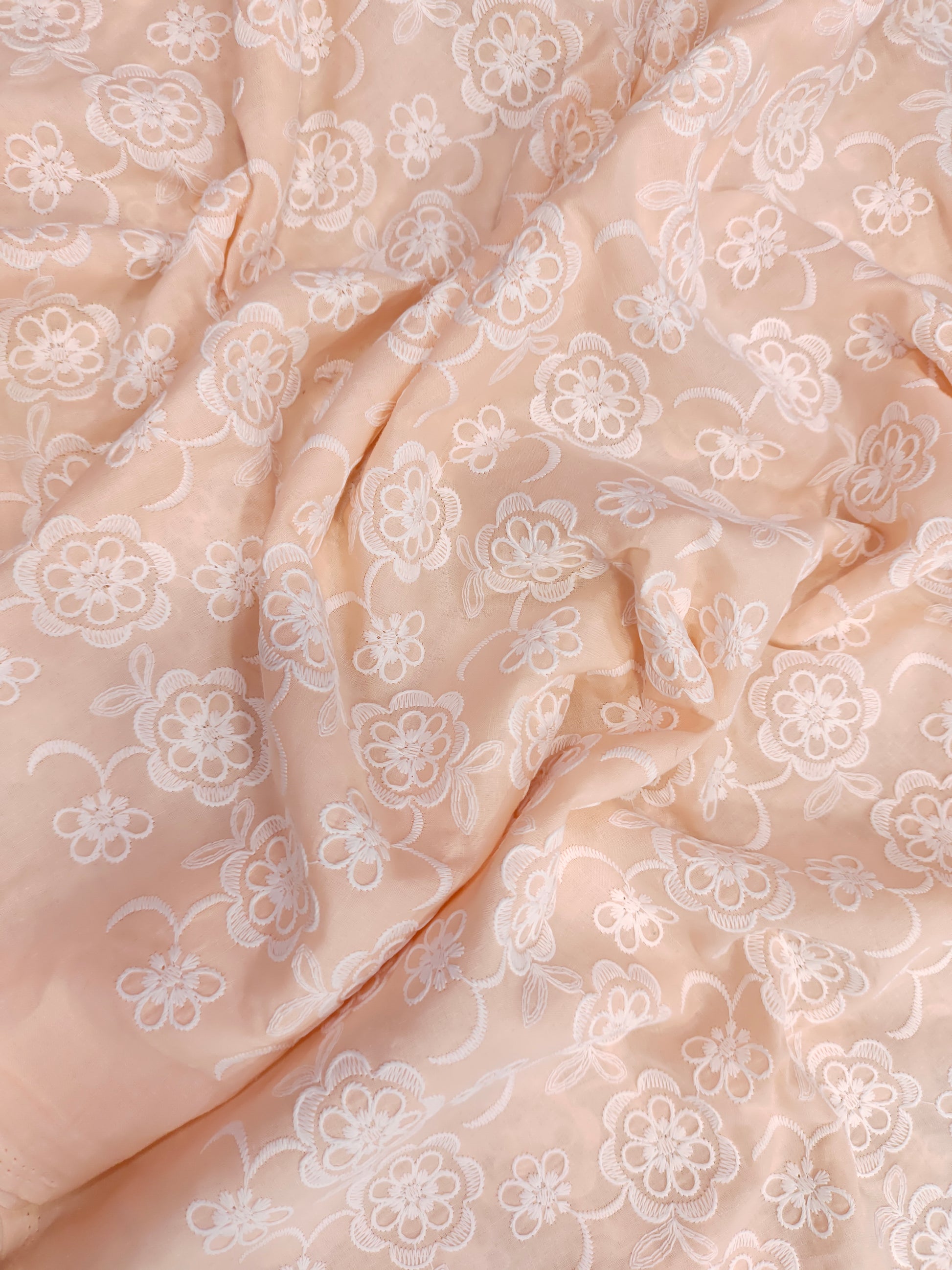 Peach cotton chikan with white floral embroidery