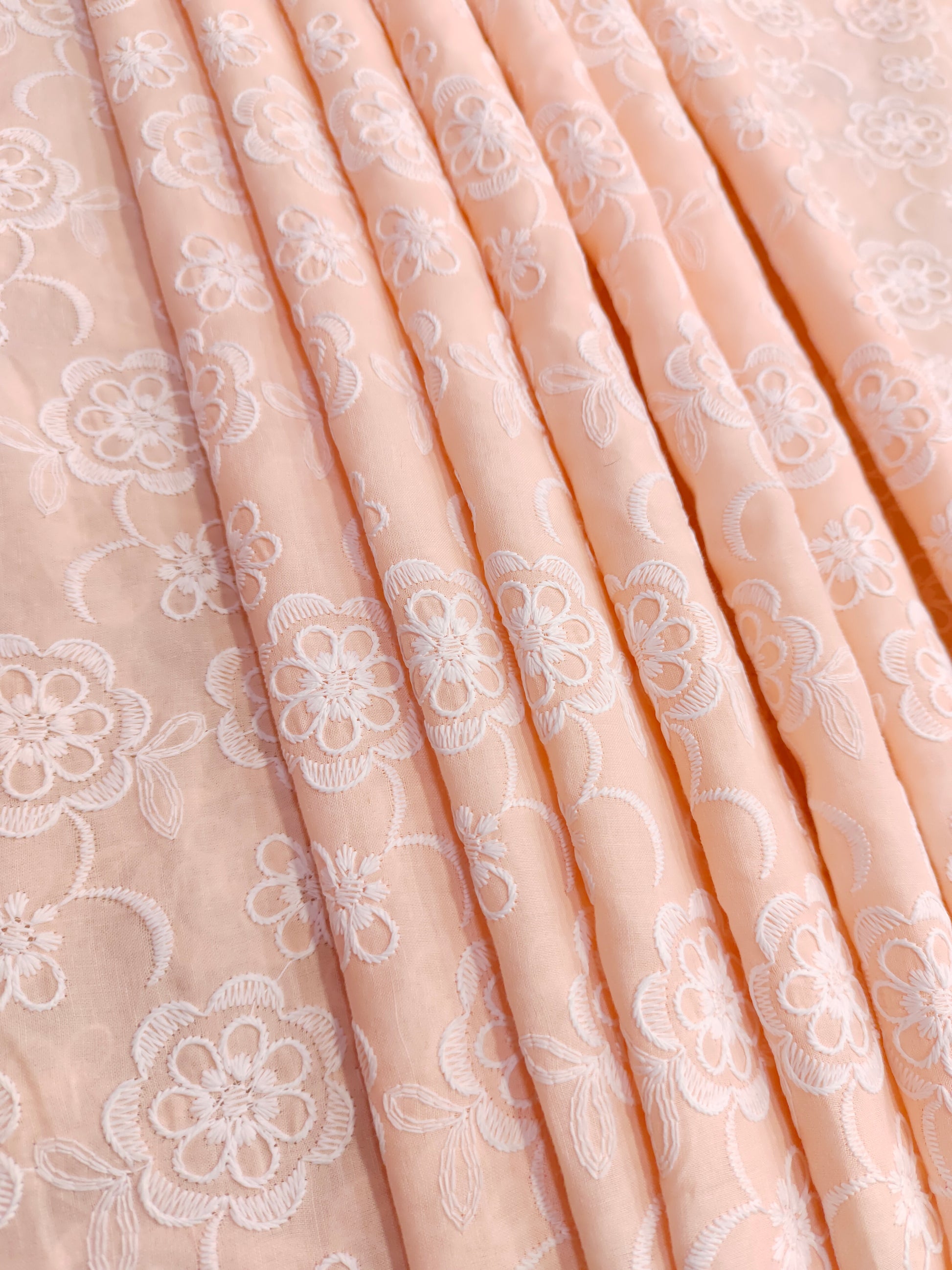 Peach cotton chikan with white floral embroidery